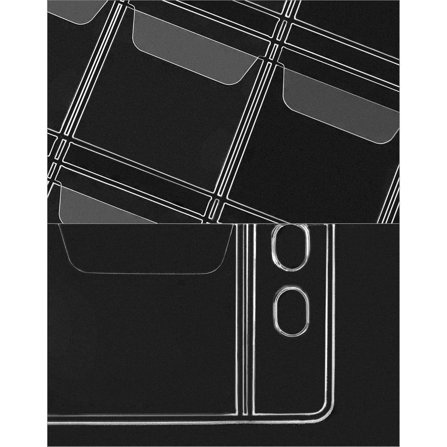 Abstrakte schwarze und weiße geometrische Gestaltung mit sich überschneidenden Rechtecken und Linien, die ein gitterartiges Muster erzeugen.