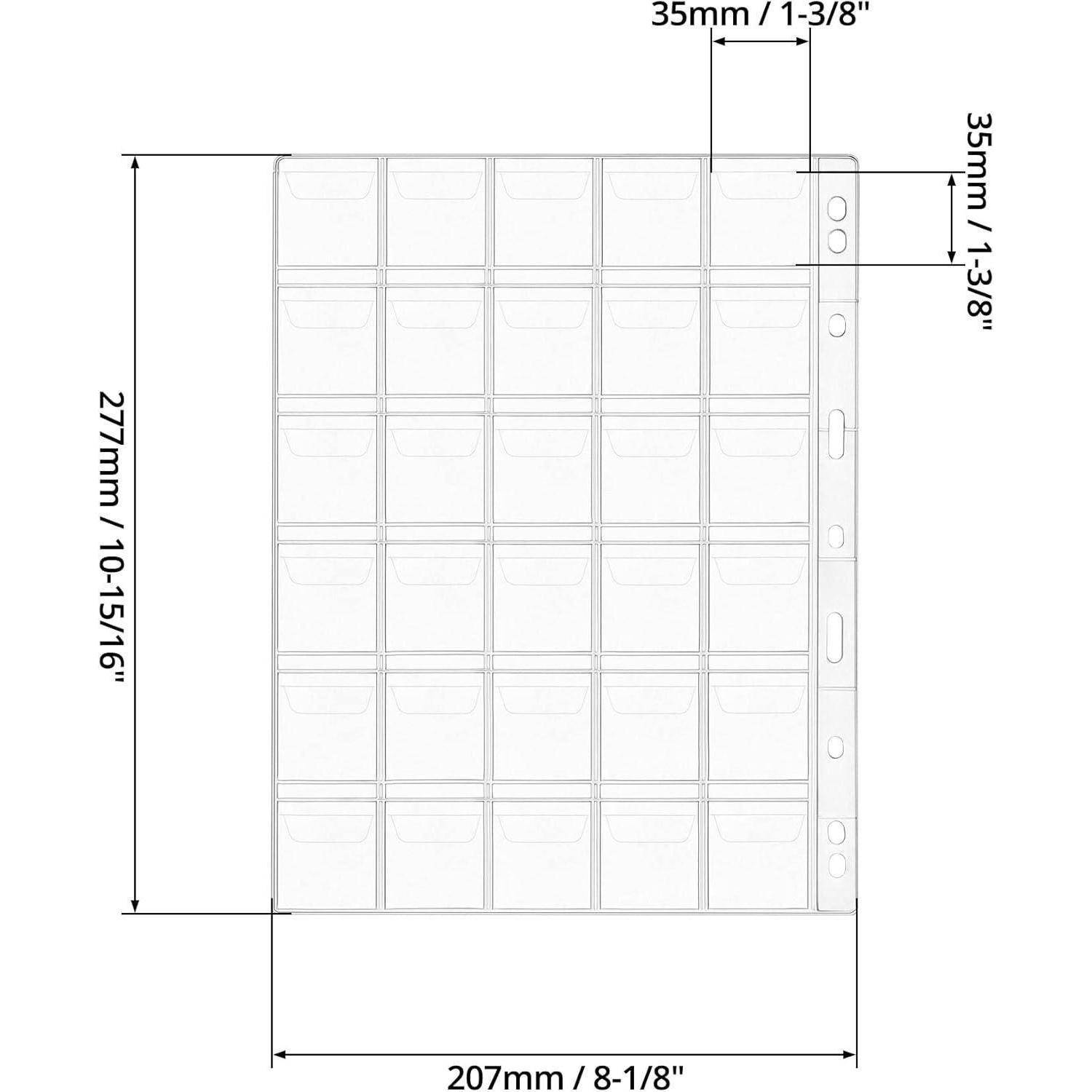 Diagramm zur Darstellung der Abmessungen einer Aufbewahrungseinheit mit 24 Schubladen. Gesamtgröße: 277 mm x 207 mm. Jede Schublade: 35 mm x 35 mm.