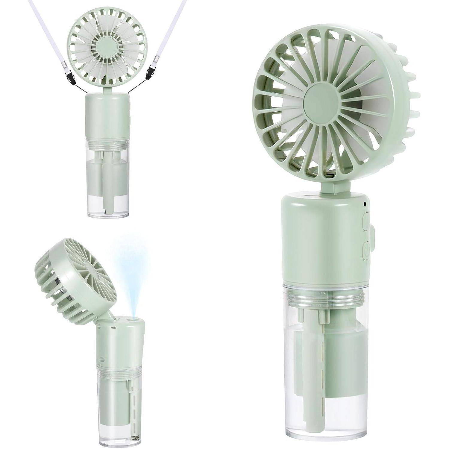 Ein kleiner, tragbarer Ventilator mit Zerstäuberfunktion, der aus verschiedenen Blickwinkeln gezeigt wird. Er hat eine mintgrüne Farbe und verfügt über einen Trageriemen.