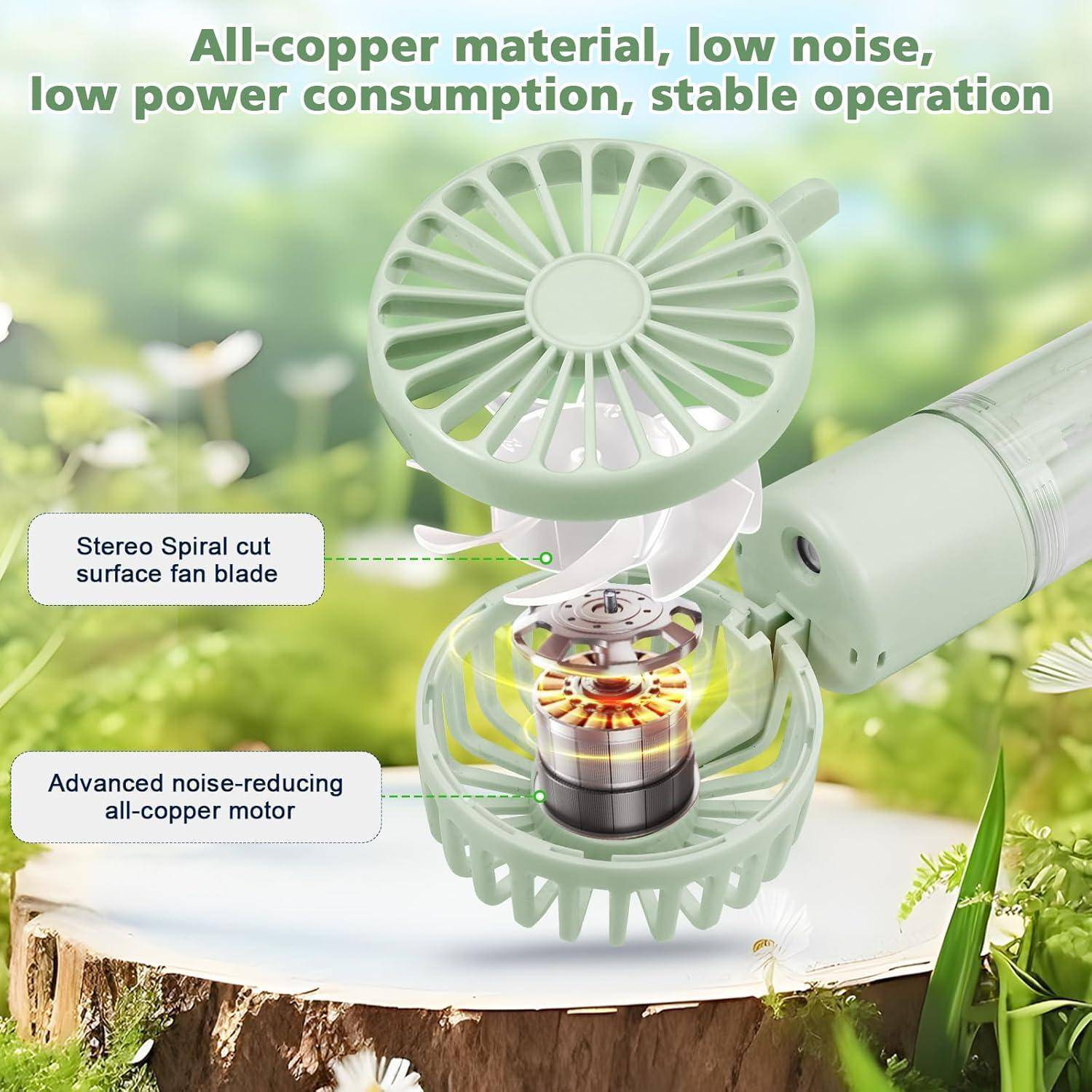 Ein tragbarer Ventilator mit einem Kupfermotor und spiralförmig geschnittener Klinge, der sich durch geräuscharmen Betrieb und niedrigen Stromverbrauch auszeichnet, ist in einer Outdoor-Umgebung positioniert.