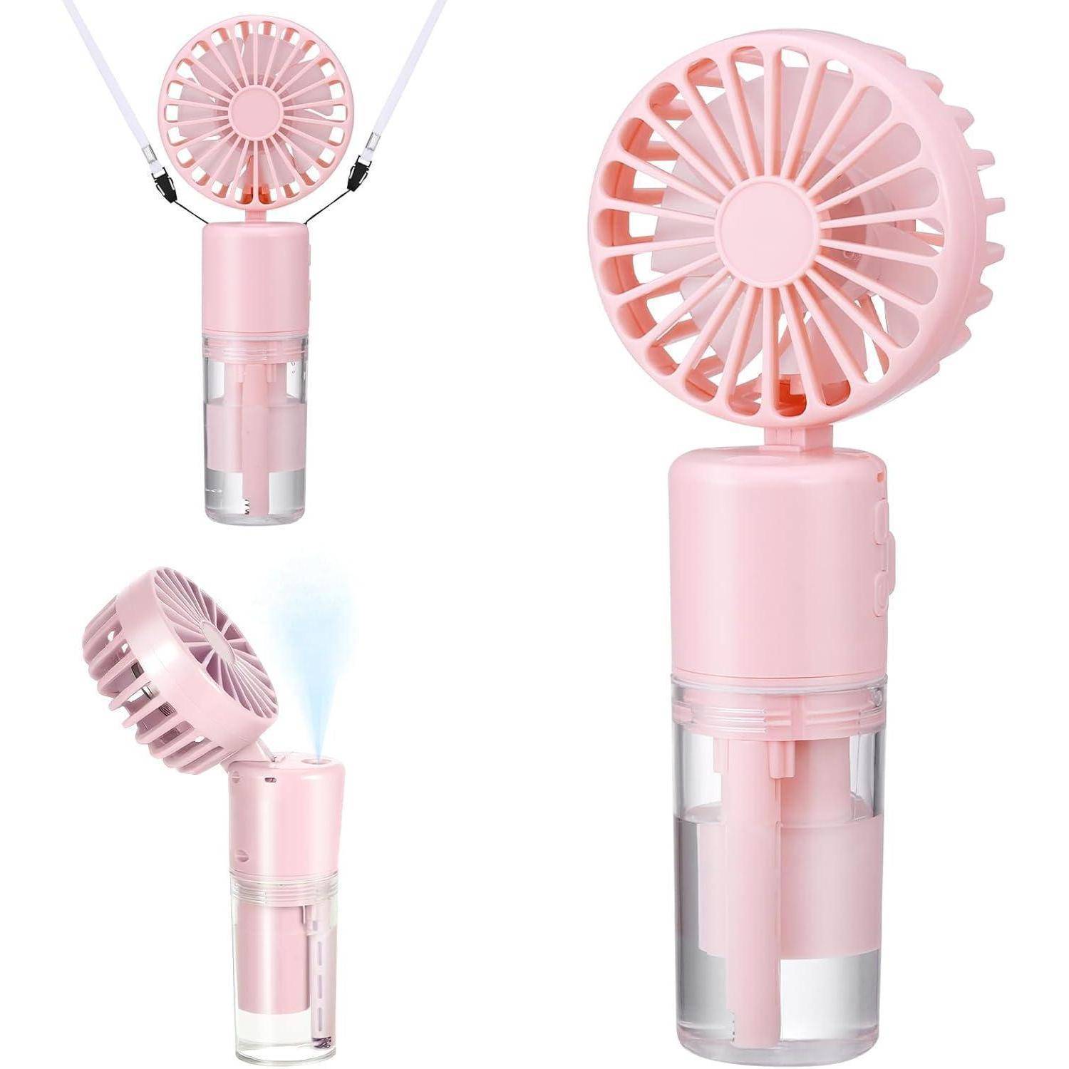 Ein rosa tragbarer Ventilator mit einem transparenten Wassertank, dargestellt aus mehreren Blickwinkeln. Er verfügt über einen Trageriemen und eine Zerstäubungsfunktion.