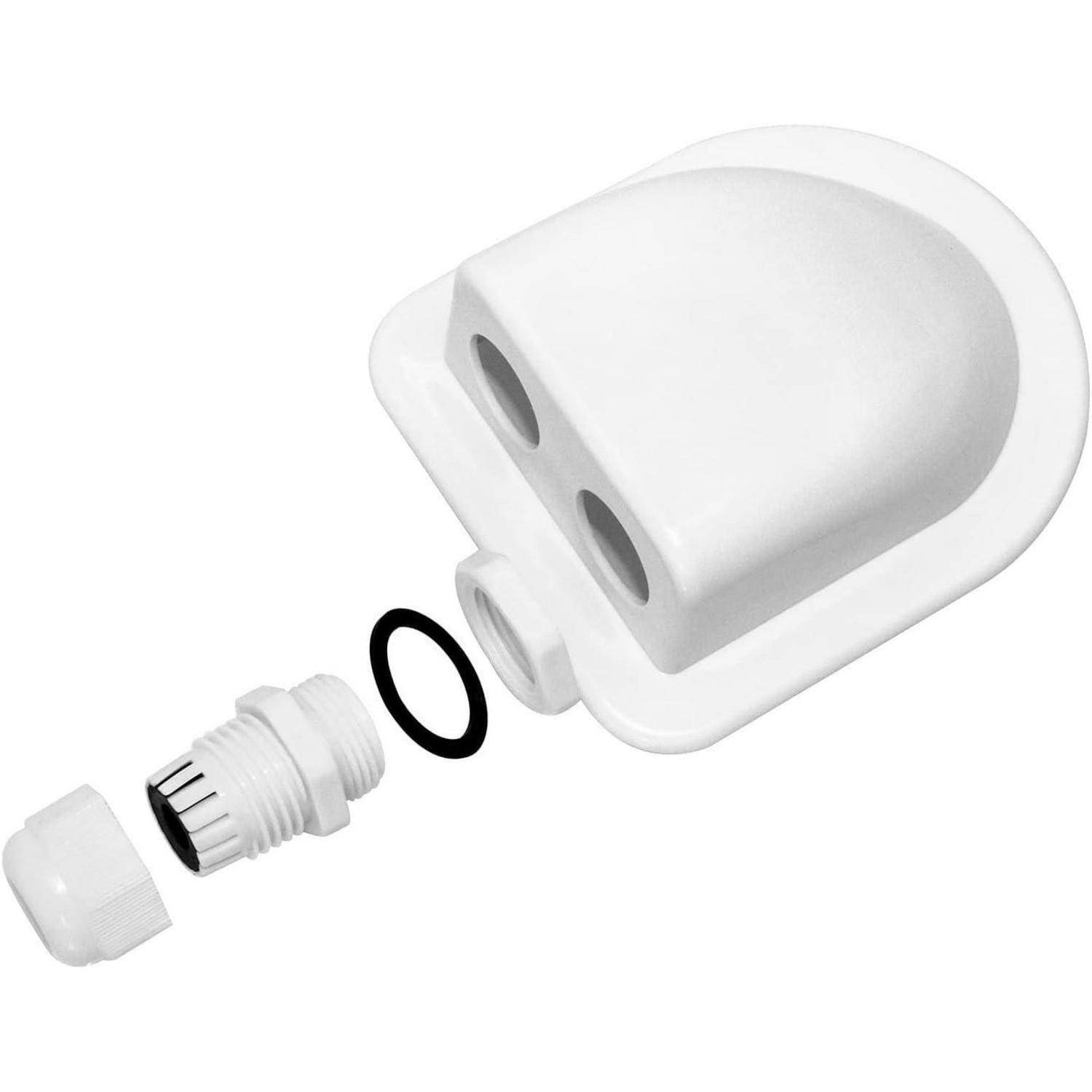 Eine weiße Kabelverschraubung aus Kunststoff mit zwei Einführöffnungen, inklusive einem abnehmbaren Deckel und einem Gummidichtungsring, entwickelt für externe elektrische Kabel.