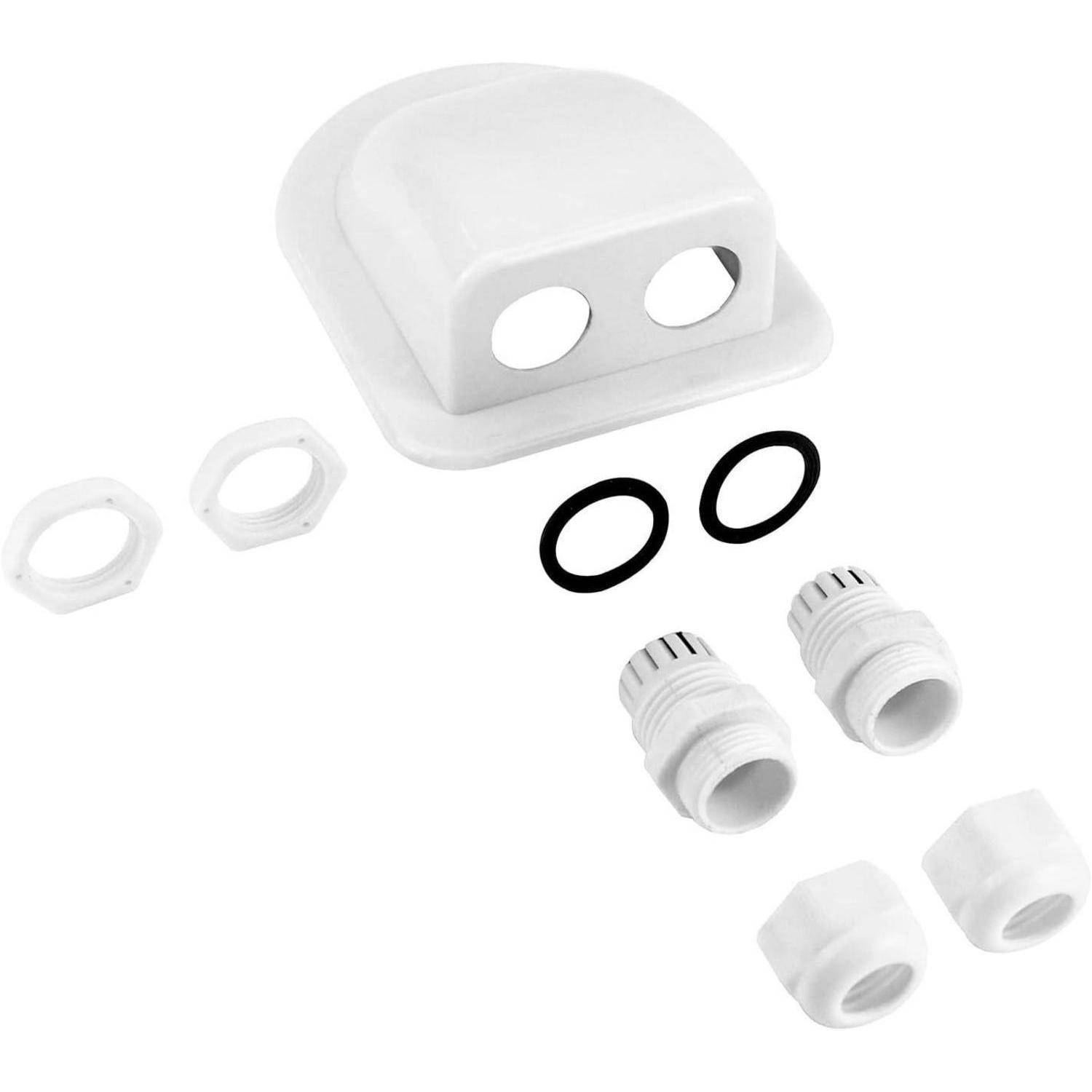 Weißes Doppel-Kabelverschraubungs-Set mit Dichtungen und Verbindern für wasserdichte Kabelinstallation.
