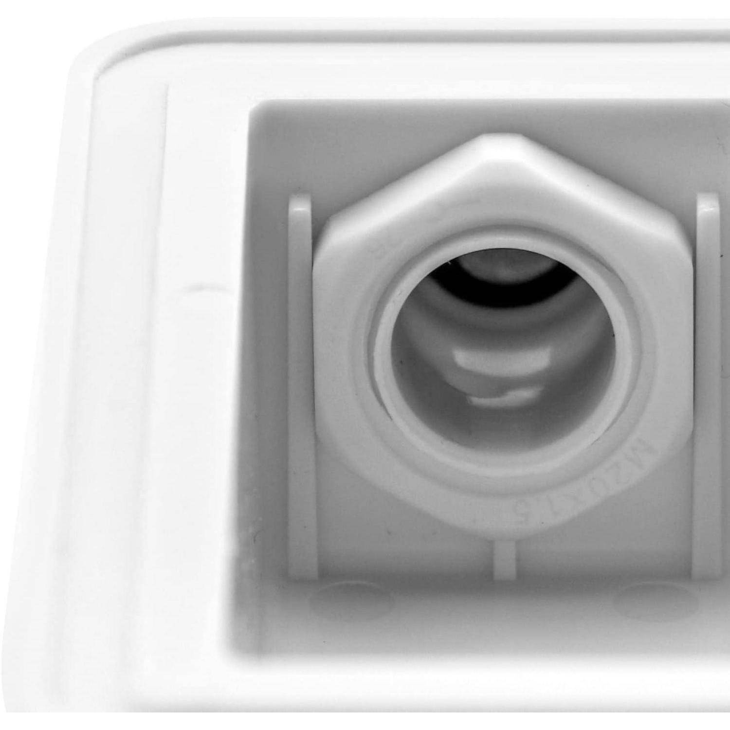 Eine kopfüber montierte elektrische oder sanitärtechnische Vorrichtung auf einer weißen rechteckigen Basis, die mittig im Bild positioniert ist.