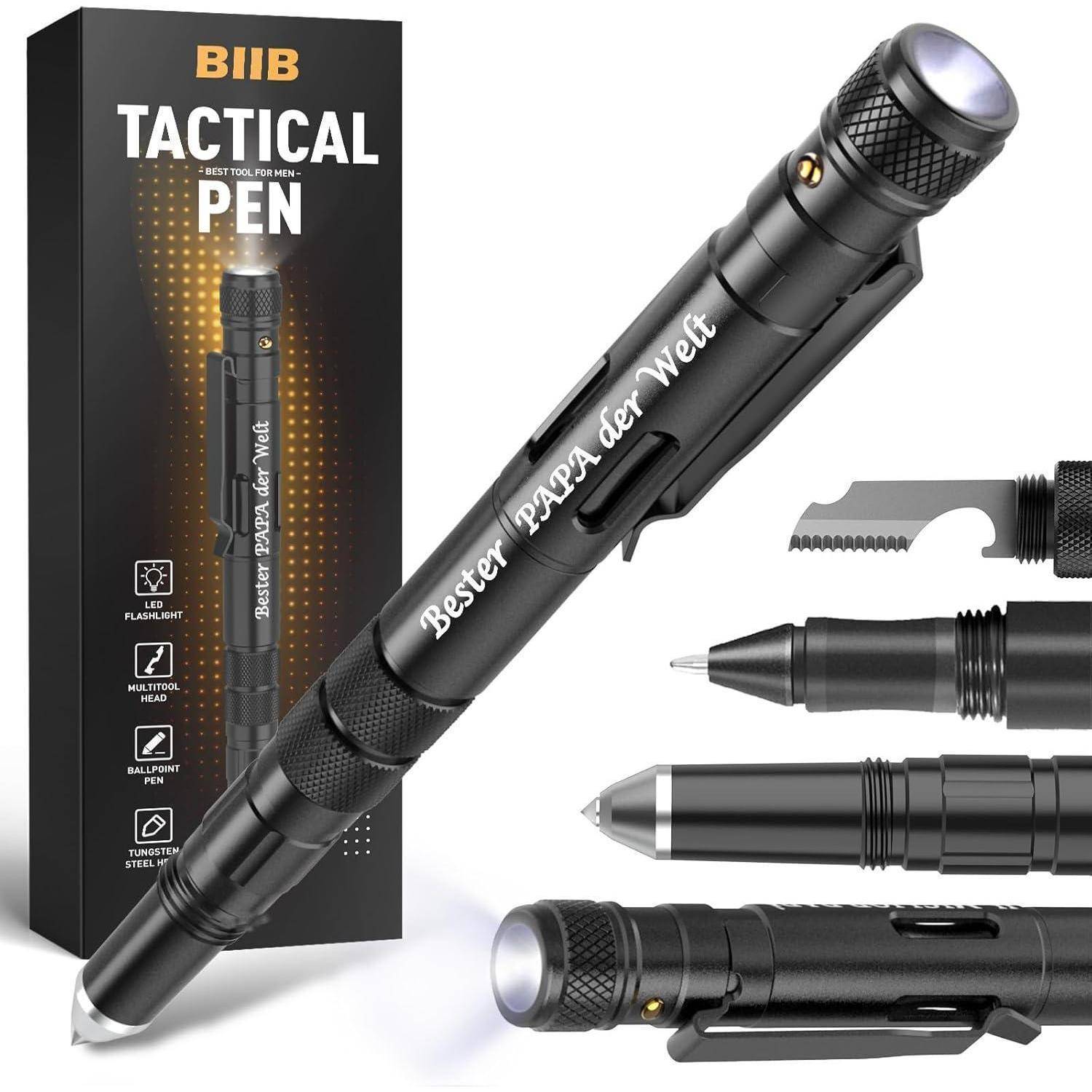 Taktischer Stift mit mehreren Funktionen, einschließlich Taschenlampe und Glasbrecher, mit Verpackung und verschiedenen Zubehörteilen dargestellt.