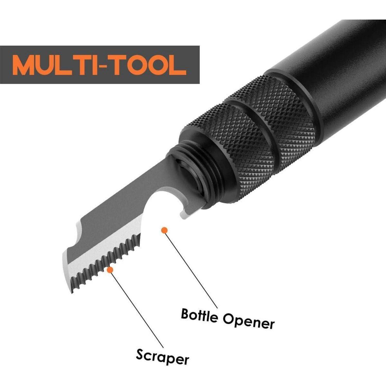 Ein Multitool mit einer gezahnten Kante, beschriftet mit 'Schaber', und einer gekrümmten Aussparung, beschriftet mit 'Flaschenöffner', in einer Nahaufnahme dargestellt.