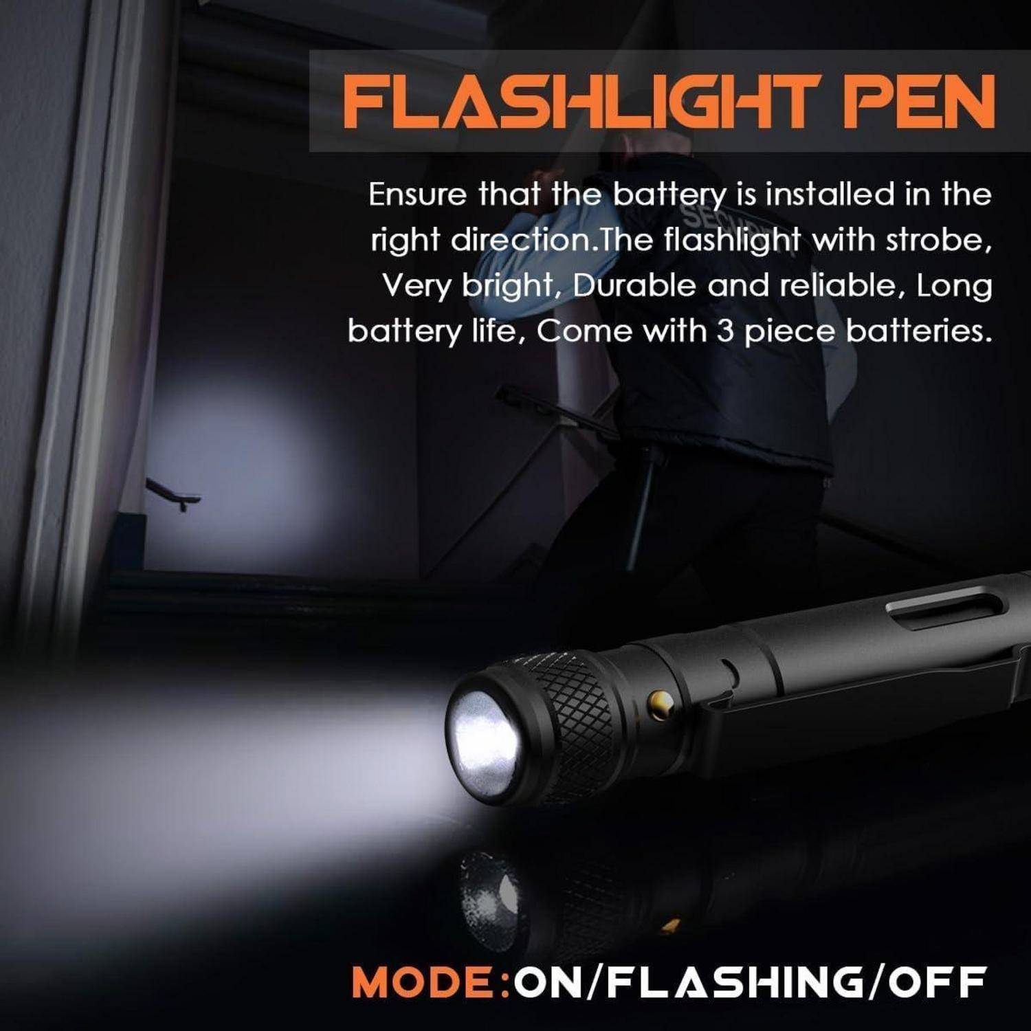 Eine Taschenlampen-Stift liegt auf einer Oberfläche und strahlt helles Licht. Text: 'TASCHENLAMPEN-STIFT. Langlebig und zuverlässig. MODUS: AN/BLINKEND/AUS.
