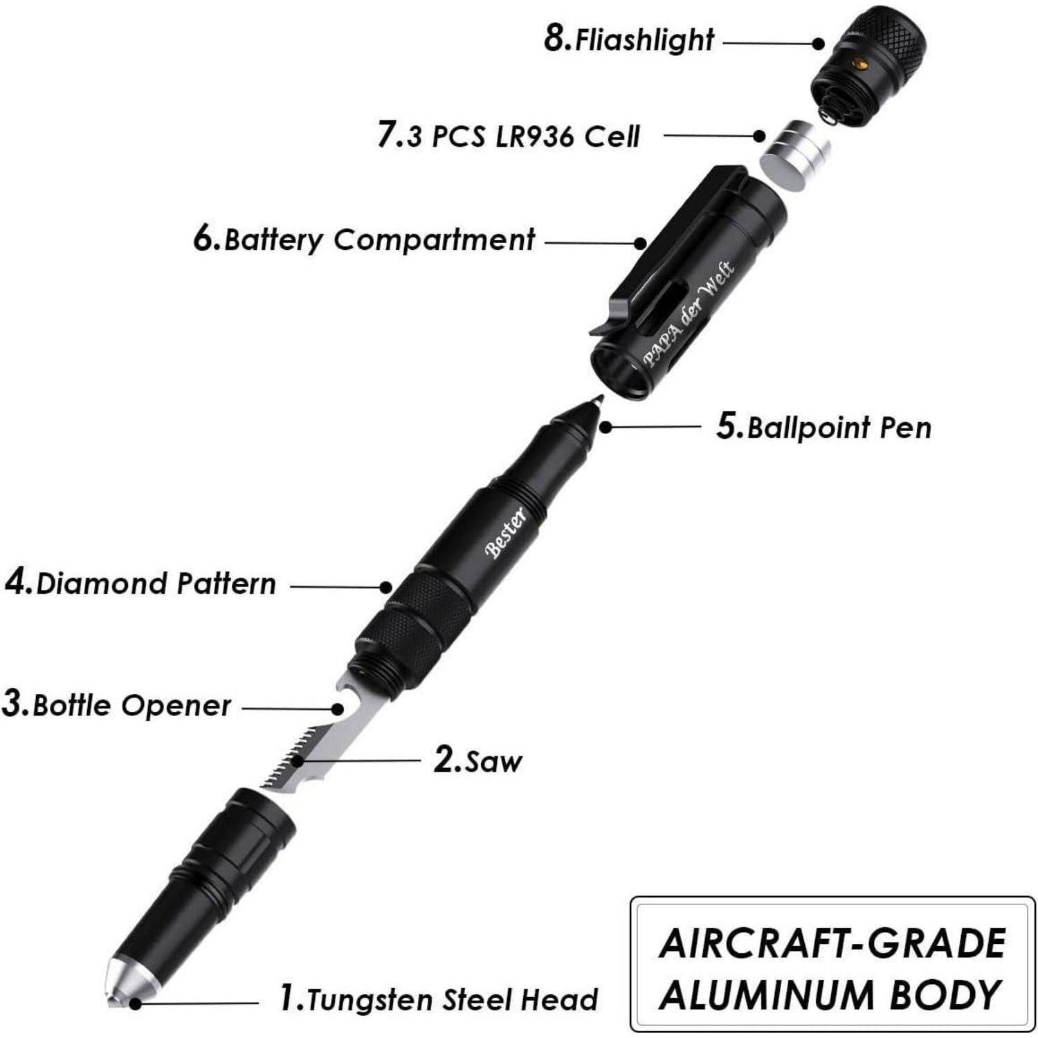 Multifunktions-Stift mit Wolfram-Stahlkopf, Säge, Flaschenöffner, Diamantmuster-Griff, Kugelschreiber, Batteriefach, Taschenlampe, 7,3 PCS LR936-Zelle und Flugzeug-Aluminium-Gehäuse.