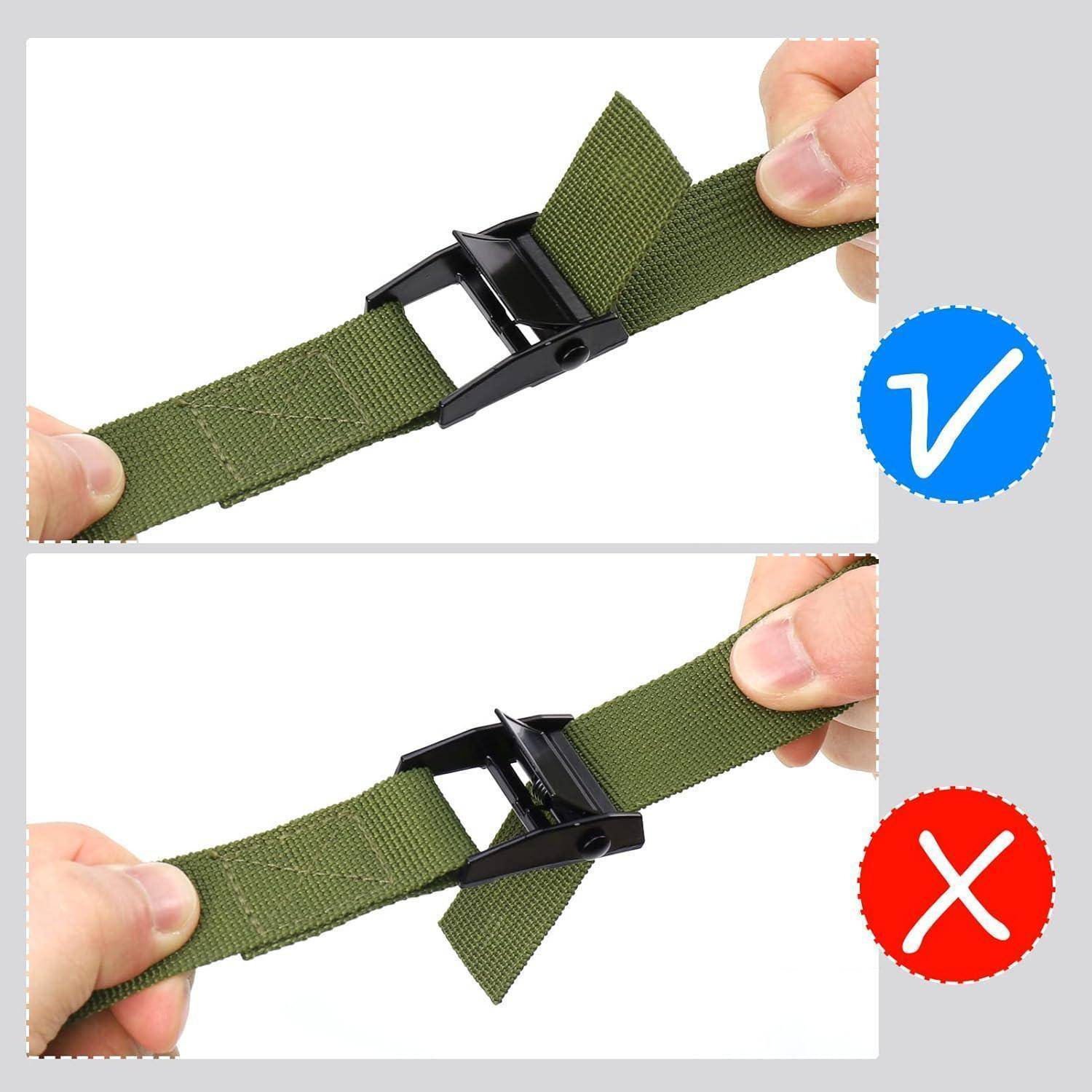Oben: Korrekter Weg, einen Riemen mit einer Schnalle zu befestigen. Unten: Falsche Befestigung mit einem lockeren Riemen. Grüner Riemen, schwarze Schnalle.