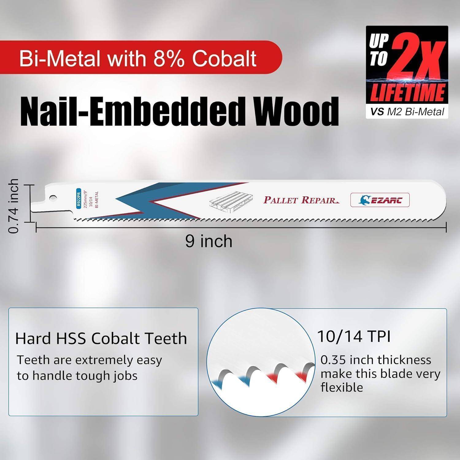 EZARC 9-Zoll-Sägeblatt für holznägel-durchsetztes Holz, mit Bimetall 8% Kobalt, harten HSS-Kobalt-Zähnen und 10/14 ZPZ für Langlebigkeit.