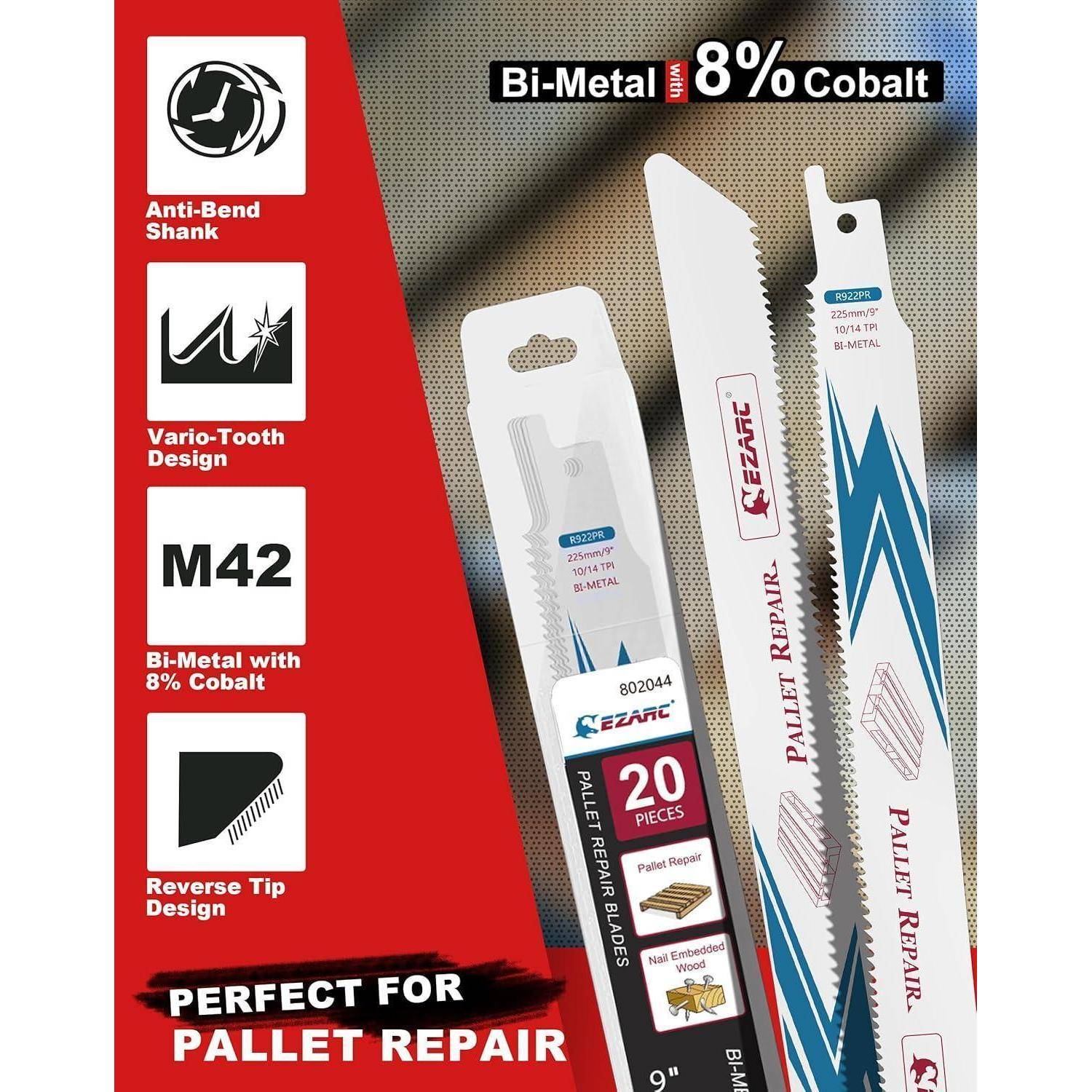 Reparatur-Set für Paletten mit 20 Bi-Metall-Sägeblättern, M42 mit 8% Kobalt. Mit Anti-Verbiege- und Vario-Zahndesign.