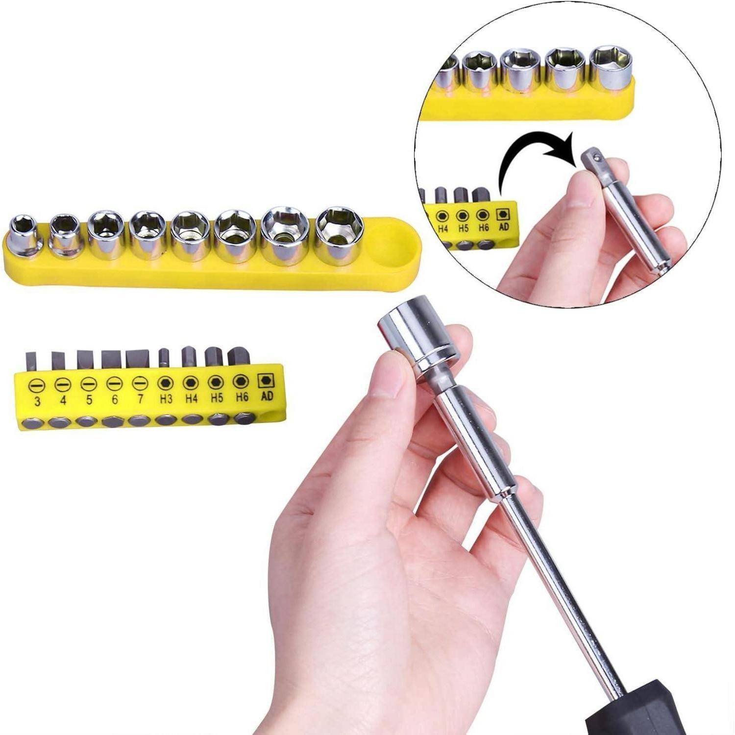 Eine Hand hält einen Schraubenschlüssel neben einem gelben Satz Sechskant- und Steckschlüsseleinsätzen, die von H2 bis H8 mit einem Adapter reichen und die Befestigung demonstrieren.