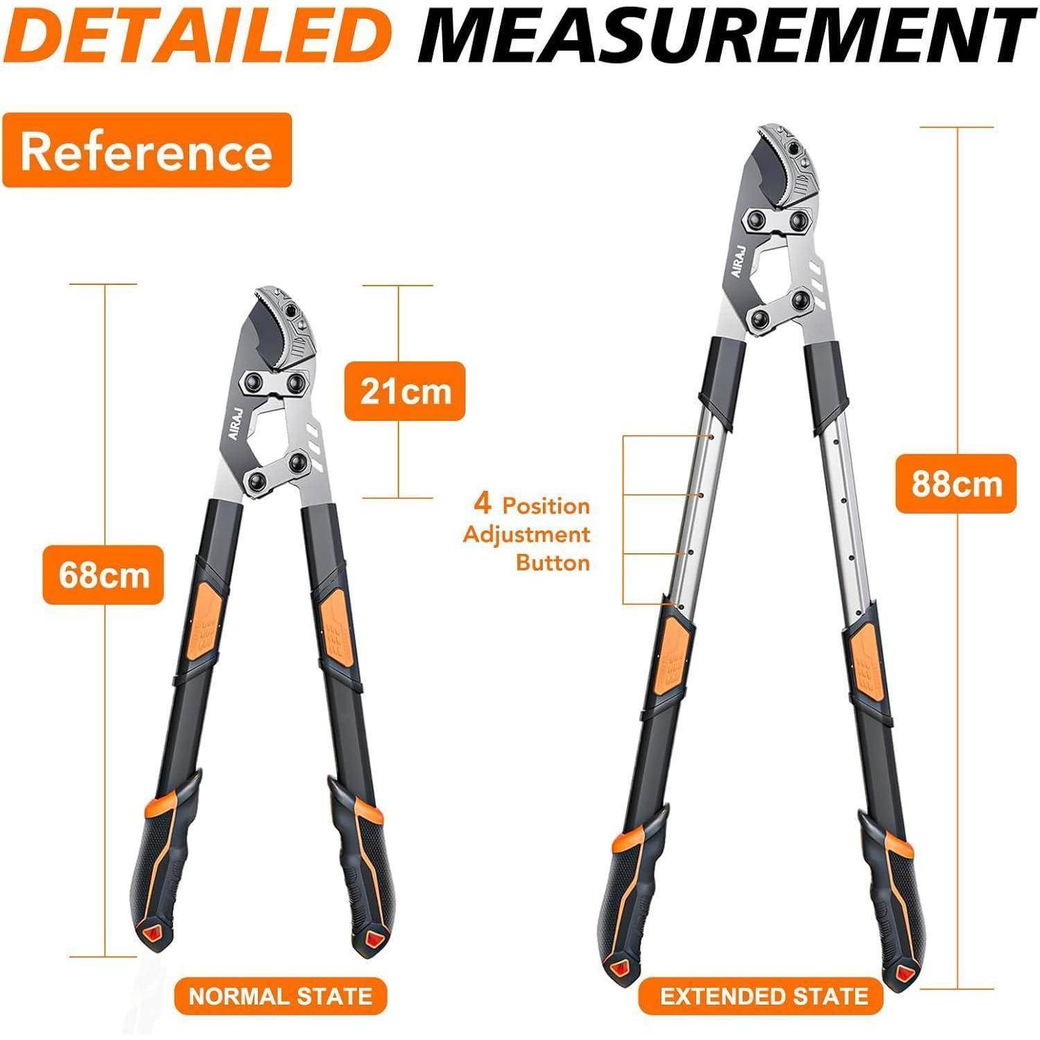 Astschere mit verstellbaren Griffen: Normaler Zustand misst 68 cm; ausgefahrener Zustand misst 88 cm. Klingenlänge beträgt 21 cm. Enthält einen 4-stufigen Verstellungsknopf.