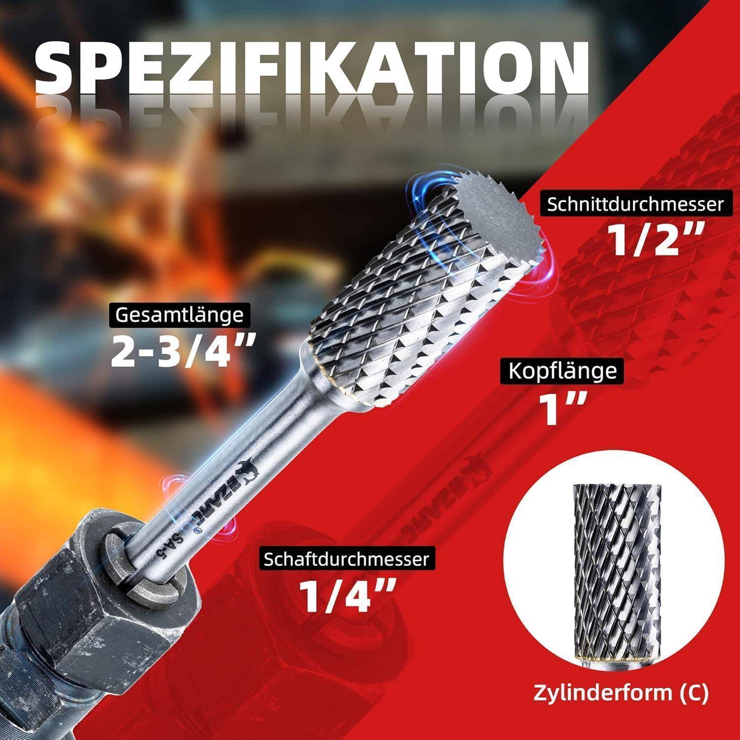 Bild eines Metallwerkzeugs mit Maßangaben: Gesamtlänge 2-3/4 Zoll, Kopflänge 1 Zoll, Schaftdurchmesser 1/4 Zoll.
