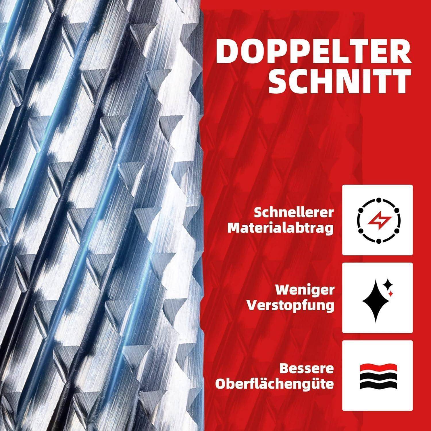 Nahaufnahme einer Metalltextur mit 'DOPPELTER SCHNITT' in Rot; Vorteile aufgelistet: 'Schnellerer Materialabtrag', 'Weniger Versopfung', 'Bessere Oberflächengüte'.