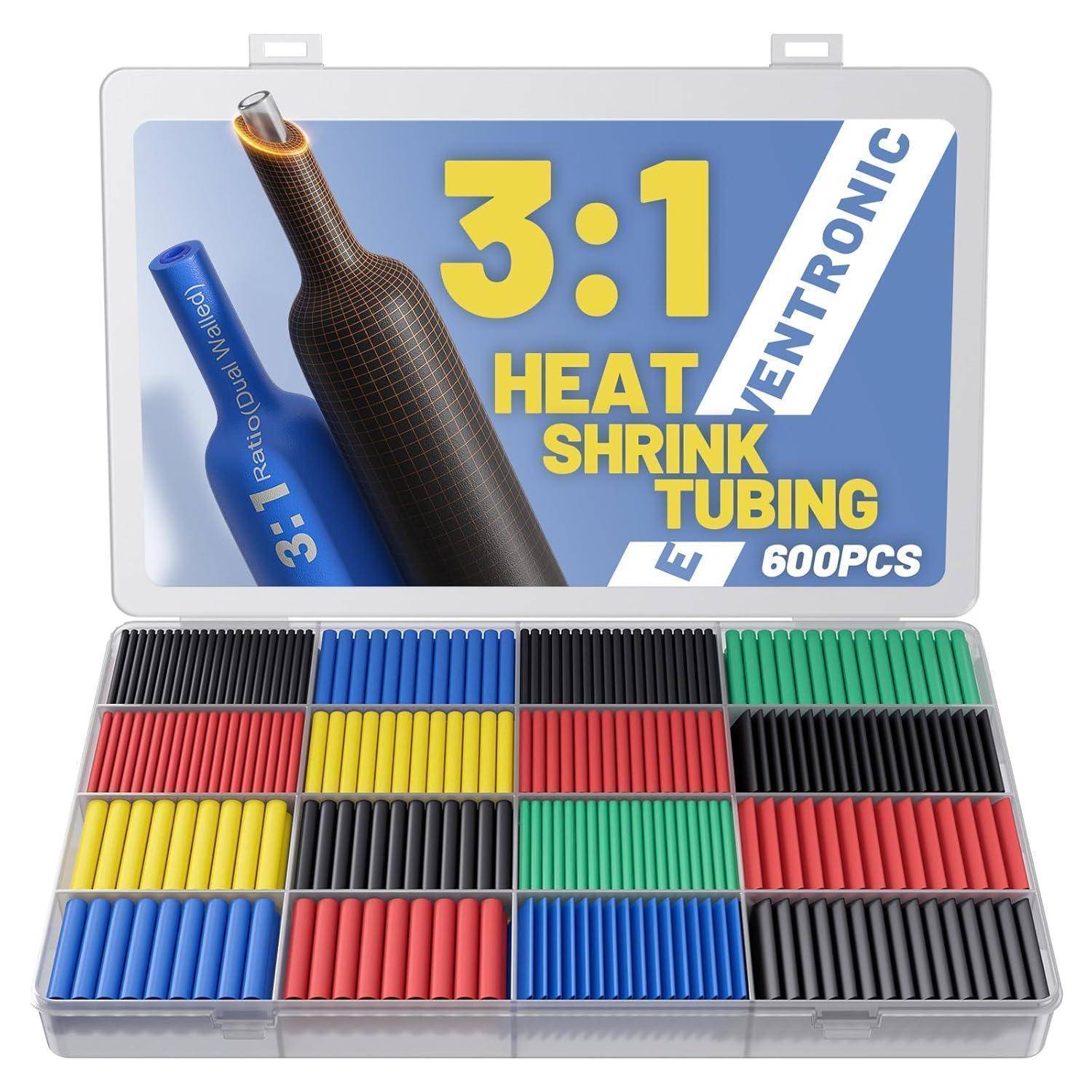Set mit 600 Stück Schrumpfschlauch 3:1 in verschiedenen Farben (rot, schwarz, gelb, grün und blau) in einer Kunststoff-Aufbewahrungsbox.