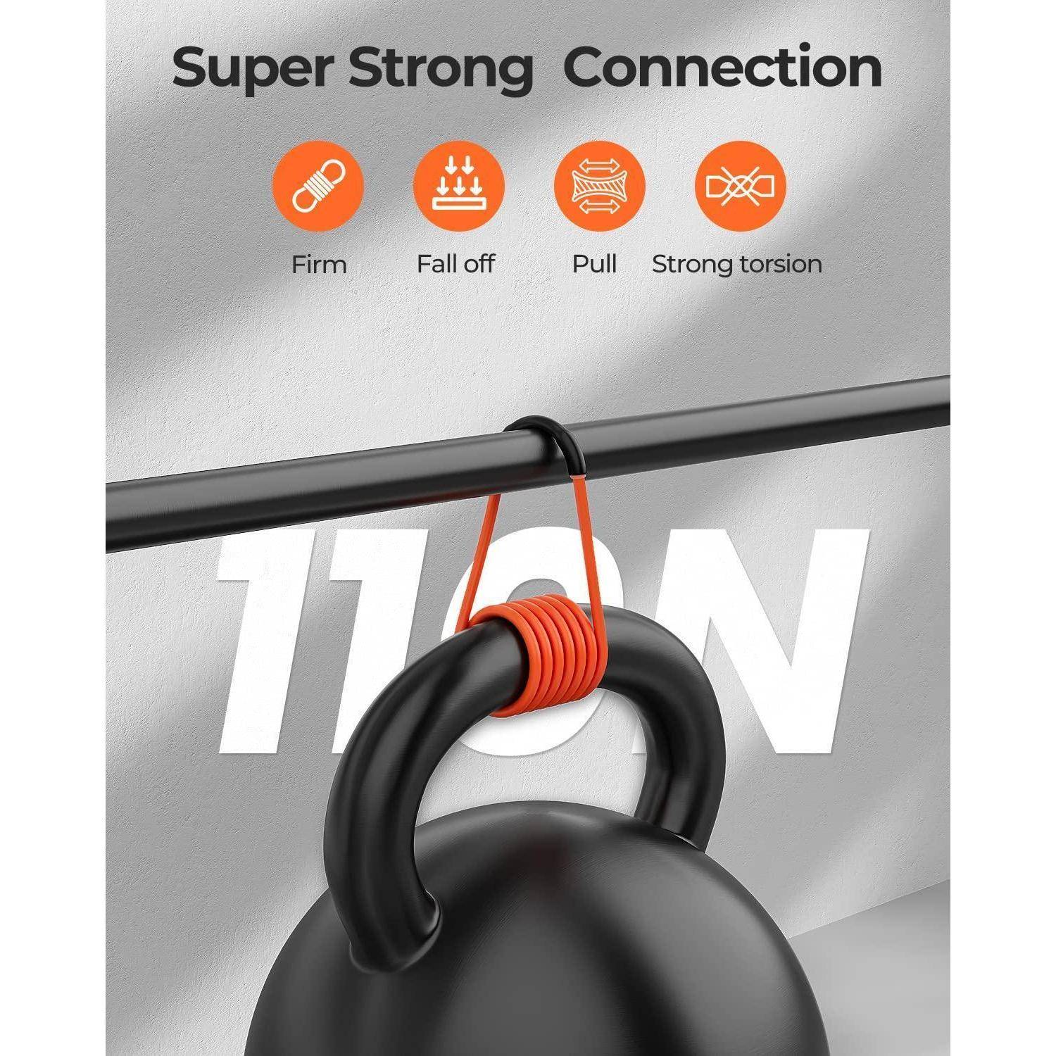 Ein schwarzer Kettlebell hängt an einer Stange mit orangefarbener Schnur und zeigt eine starke Verbindung. Symbole verdeutlichen die Vorteile: fest, kein Herunterfallen, Ziehen, starke Torsion.