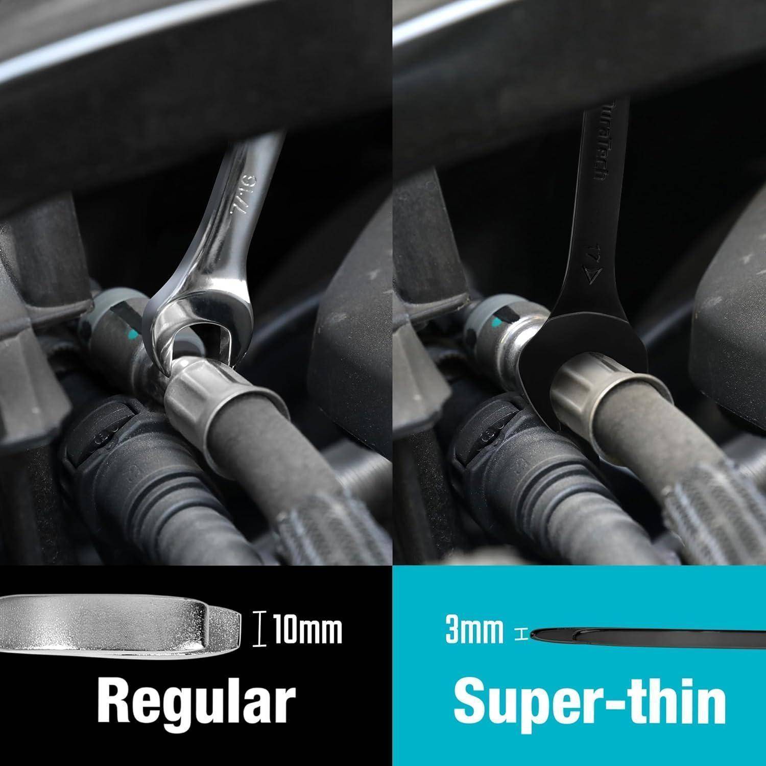 Vergleich zweier Schraubenschlüssel: links zeigt einen 'normalen' 10 mm dicken Schraubenschlüssel, rechts zeigt einen 'extra-dünnen' 3 mm dicken Schraubenschlüssel.