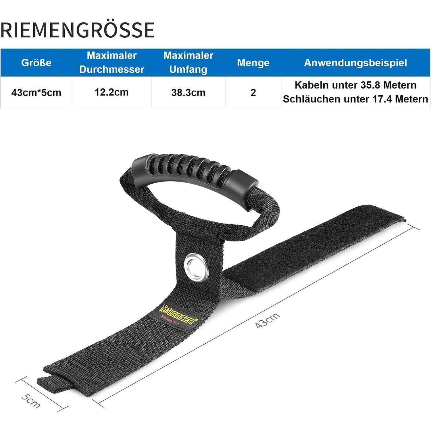 Auf dem Bild 'Riemengröße' ist ein Riemen mit den Abmessungen: 43 cm x 5 cm zu sehen. Er verfügt über einen Griff und einen Klettverschluss. Geeignet zum Befestigen von Kabeln und zum Halten von bis zu 35,8 Metern Länge.