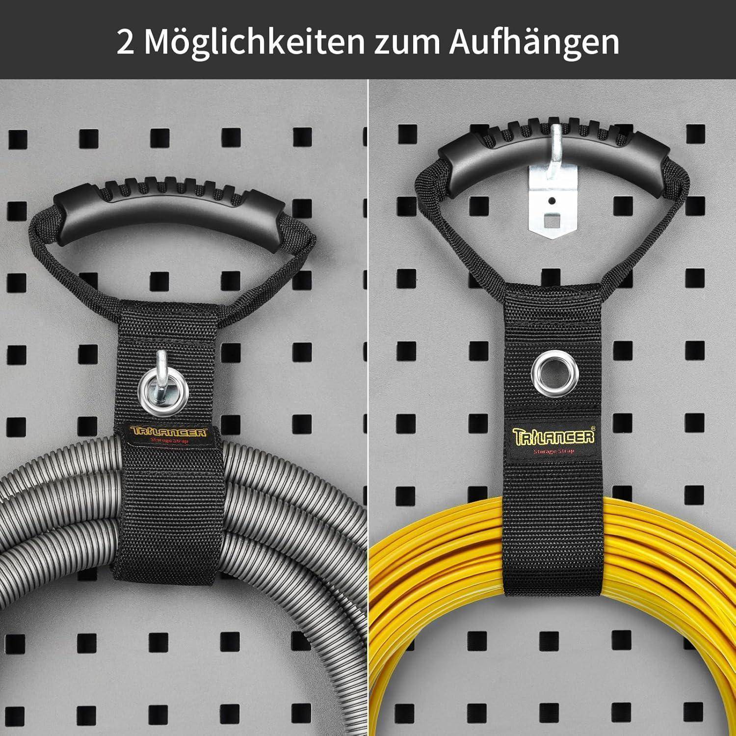 2 Möglichkeiten zum Aufhängen zeigt zwei Organisationsmethoden zum Aufhängen von Kabeln: einen schwarzen Griff mit grauem Kabel und einen schwarzen Riemen mit gelbem Kabel.