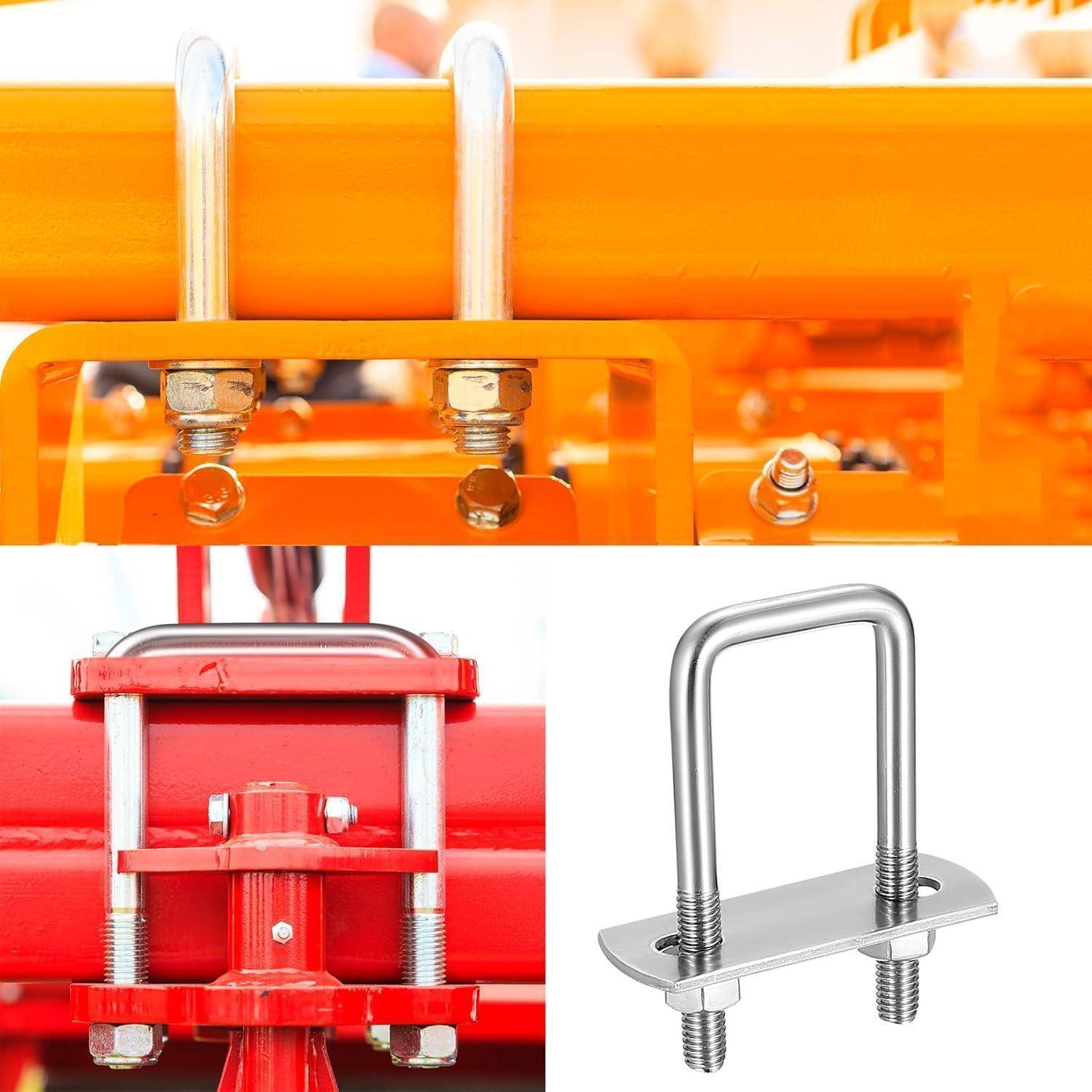 U-Bolzen-Installationsvergleich: Oben sind Bolzen dargestellt, die eine orange-rote Struktur befestigen; unten links wird die Ausrichtung der Bolzen hervorgehoben; unten rechts ist ein einzelner U-Bolzen mit Muttern zu sehen.