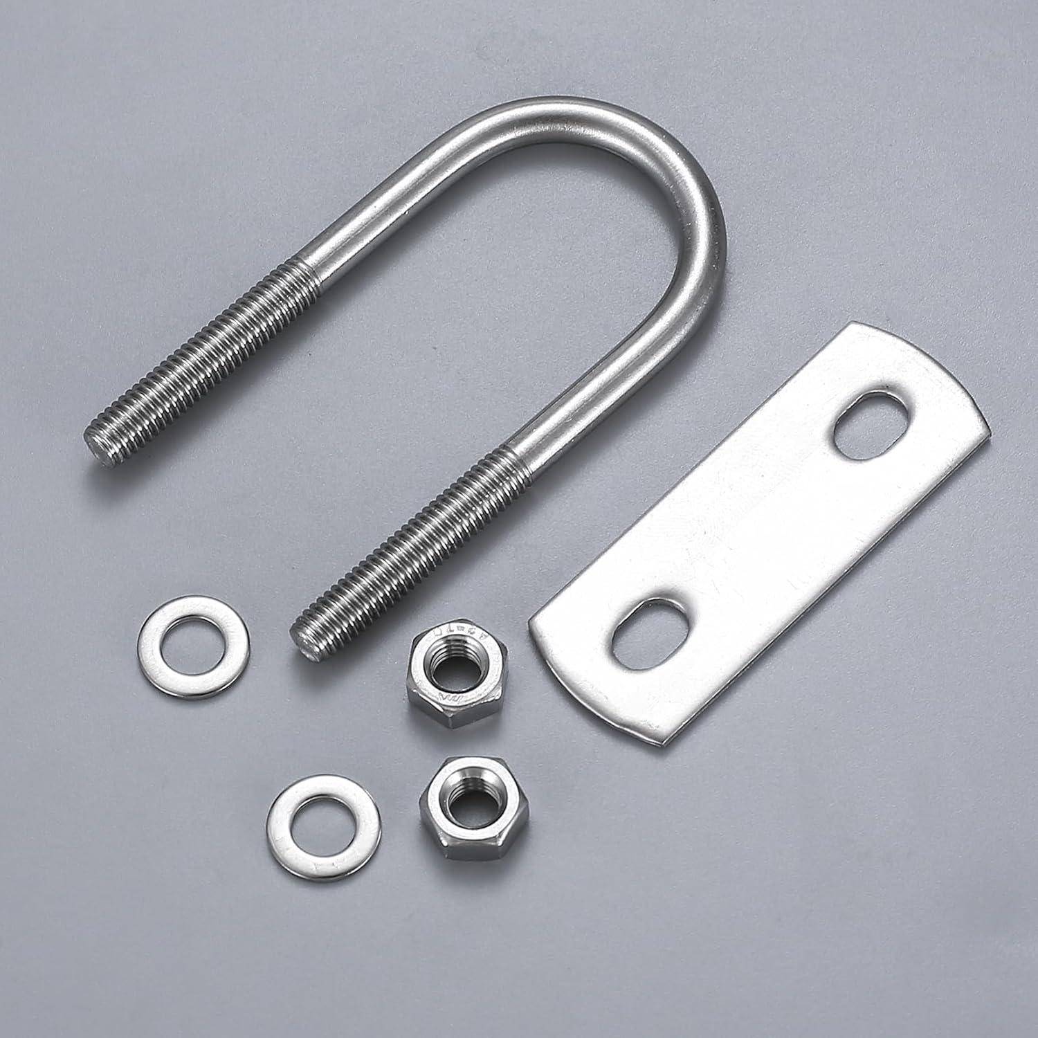 U-Bügel-Set enthält einen U-förmigen Bolzen, zwei Muttern, zwei Unterlegscheiben und eine Metallplatte mit Löchern für eine sichere Befestigung auf verschiedenen Oberflächen.