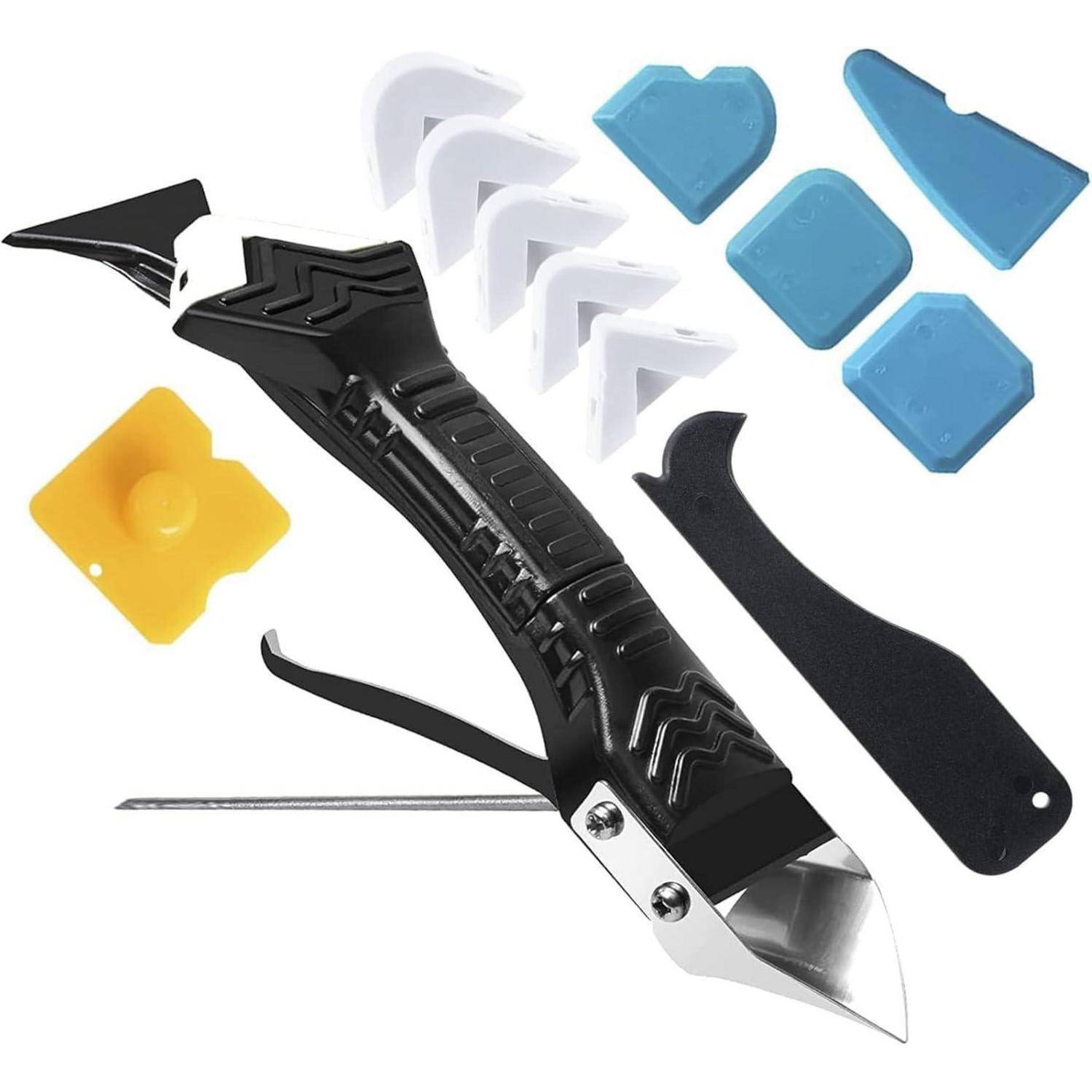 Werkzeugsatz für Dichtstoffauftrag. Enthalten sind ein schwarzer Fugendüsenschaber mit Metallhaken, mehrere blaue und weiße Kunststoff-Abschlussspitzen, eine flache Spachtel und ein gelber Glätter.