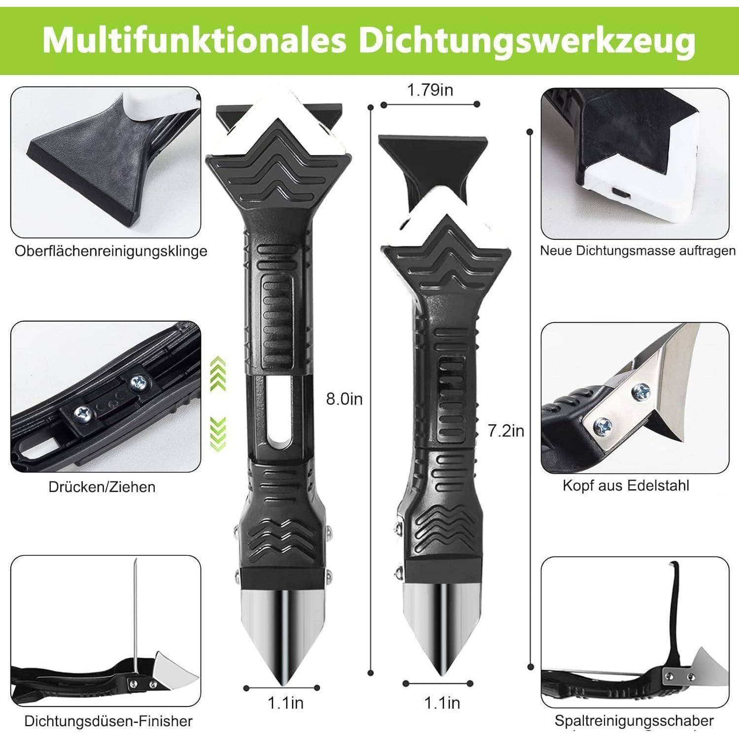 Das Bild des 'Multifunktionalen Dichtungswerkzeugs' zeigt ein vielseitiges Dichtungswerkzeug mit verschiedenen Anbauteilen zum Reinigen und Auftragen von Dichtungsmaterial, das Abmessungen und Teile wie einen Edelstahlkopf und eine Reinigungsklinge umfasst.