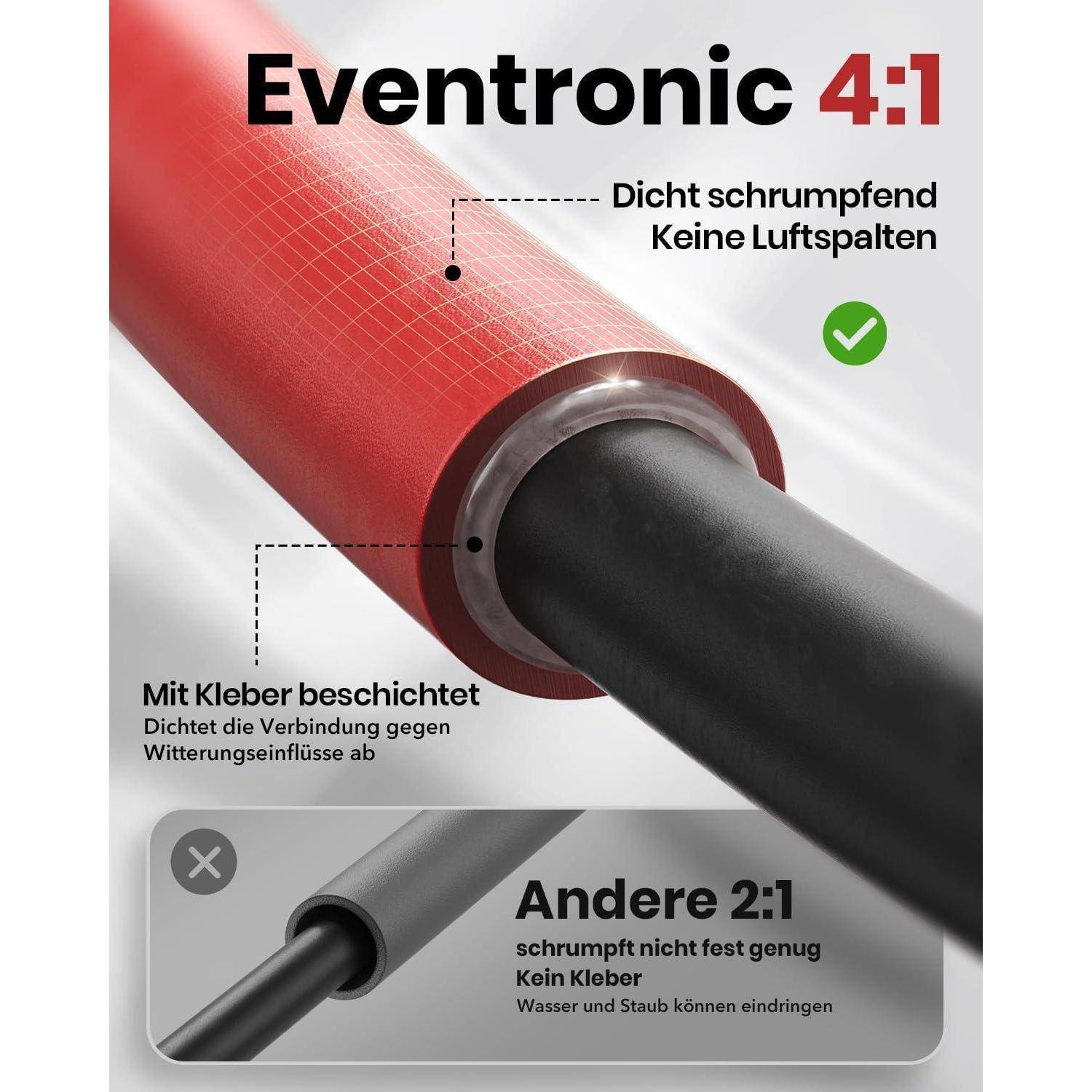 Eine Nahaufnahme eines roten Schrumpfschlauchs, beschriftet mit 'Eventronic 4:1', die eine sichere Passform und Isolierung zeigt, im Vergleich zu einem lockereren schwarzen Schlauch, beschriftet mit 'Andere 2:1'.