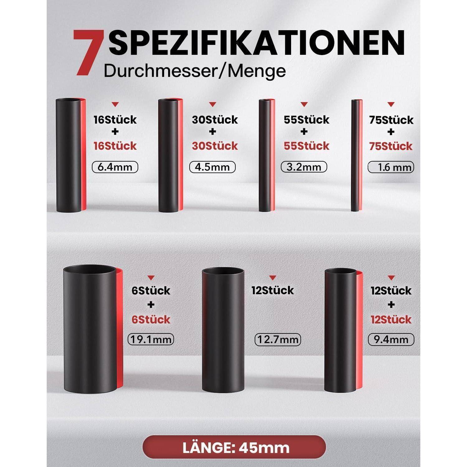Grafik mit '7 Spezifikationen', verschiedene Rohre beschriftet nach Menge und Durchmesser; Details reichen von 4,5 mm bis 19,1 mm, Länge 45 mm.