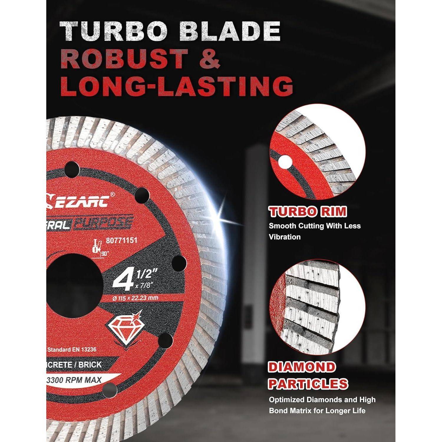 Rote Turbo-Klinge zum Schneiden, gekennzeichnet als 'Turbo-Klinge - Robust & Langlebig'. Merkmale umfassen einen Turbo-Rand für glattes Schneiden und Diamantpartikel für Haltbarkeit.