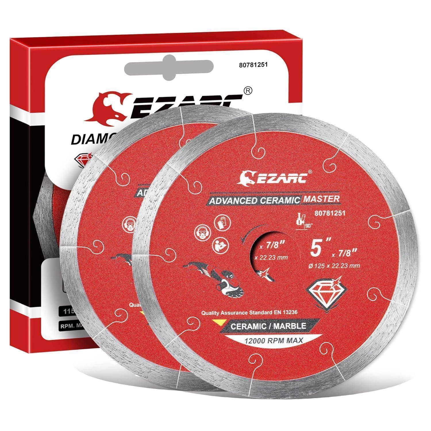 Kreissägeblatt-Verpackung zeigt die Marke 'Ezarc', 'Advanced Ceramic Master', Größe 5 Zoll, geeignet für Keramik/Marmor, 12000 U/min.