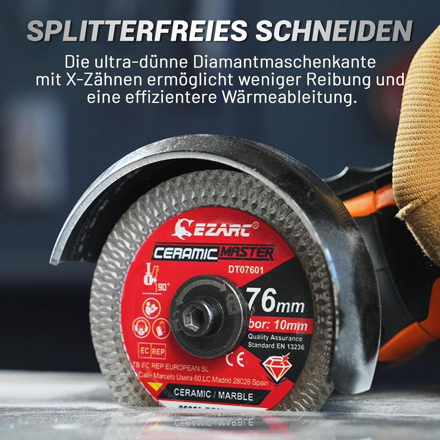 Diamant-Schneidscheibe mit Kante für glatte, splitterfreie Schnitte in Keramik und Marmor. Ultraflache Konstruktion minimiert Reibung und Erhitzung.