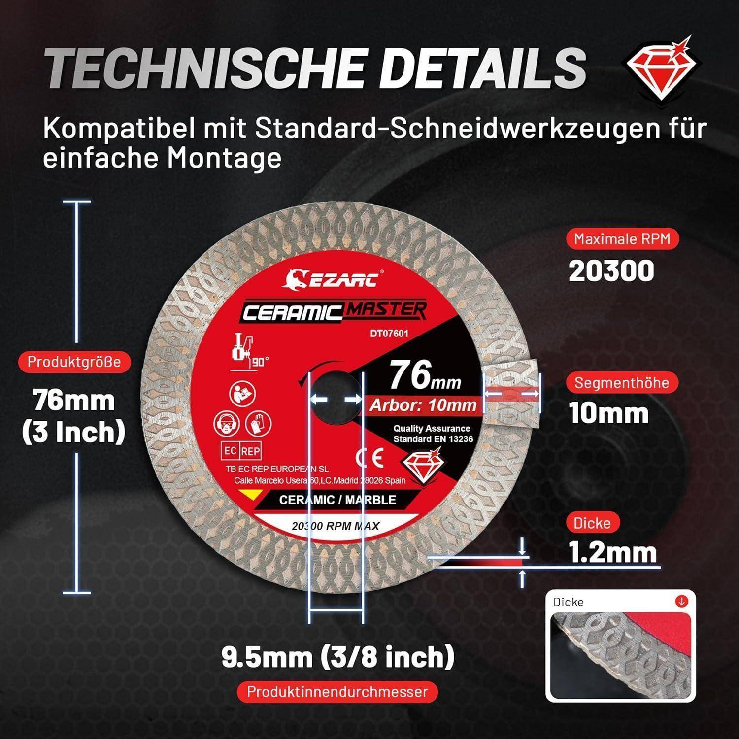 Trennscheibe mit der Beschriftung 'EZARC Ceramic Master', 76 mm Durchmesser, 10 mm Aufnahme, geeignet für Keramik/Marmor. Max. Drehzahl 20.300. Rot-graues Design.