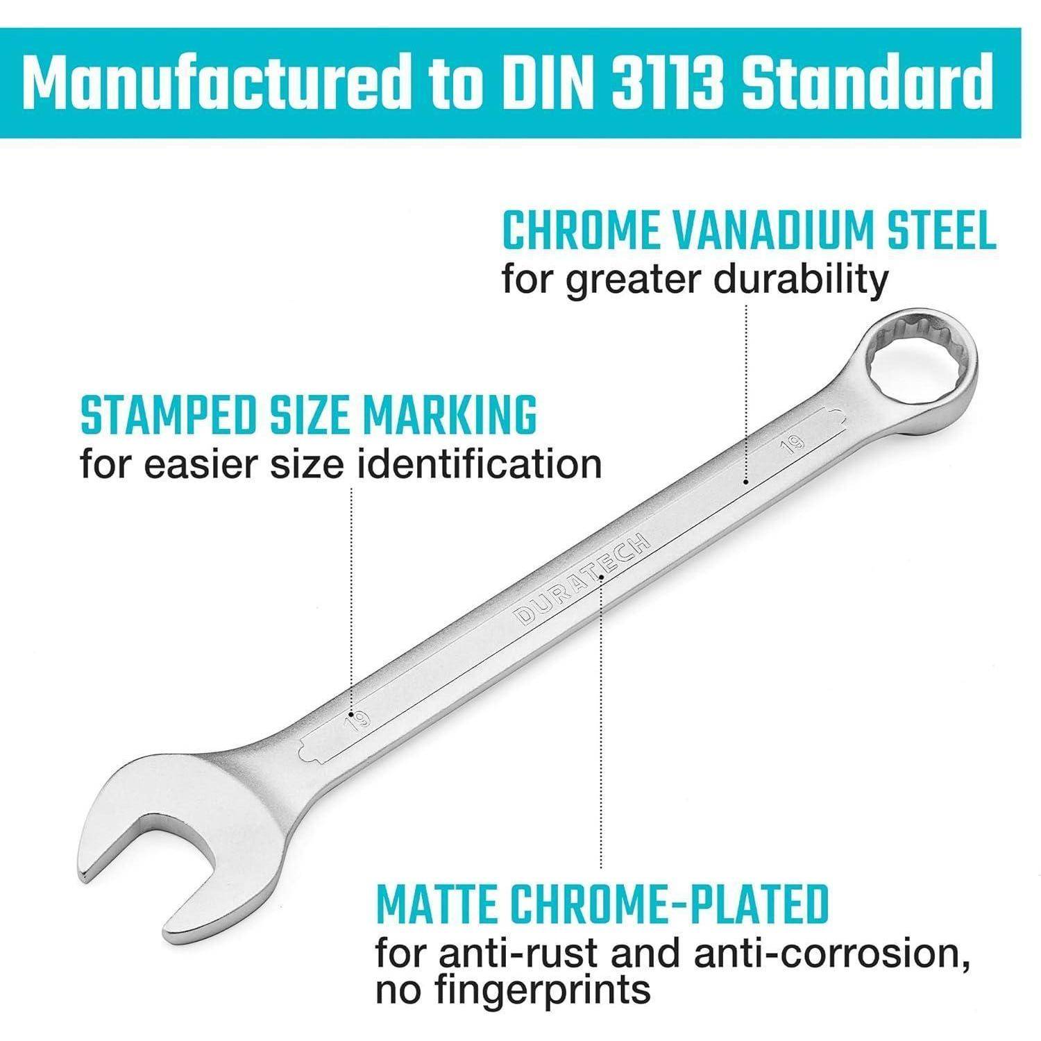 Nach DIN 3113 Standard hergestellt.' Ein Schraubenschlüssel mit ‚CHROM-VANADIUM-STAHL für höhere Haltbarkeit', ‚GEPRÄGTE GRÖßENKENNZEICHNUNG für einfachere Größenidentifikation' und ‚MATTER CHROM-BESCHICHTUNG für Rostschutz und Korrosionsbeständigkeit, keine Fingerabdrücke.