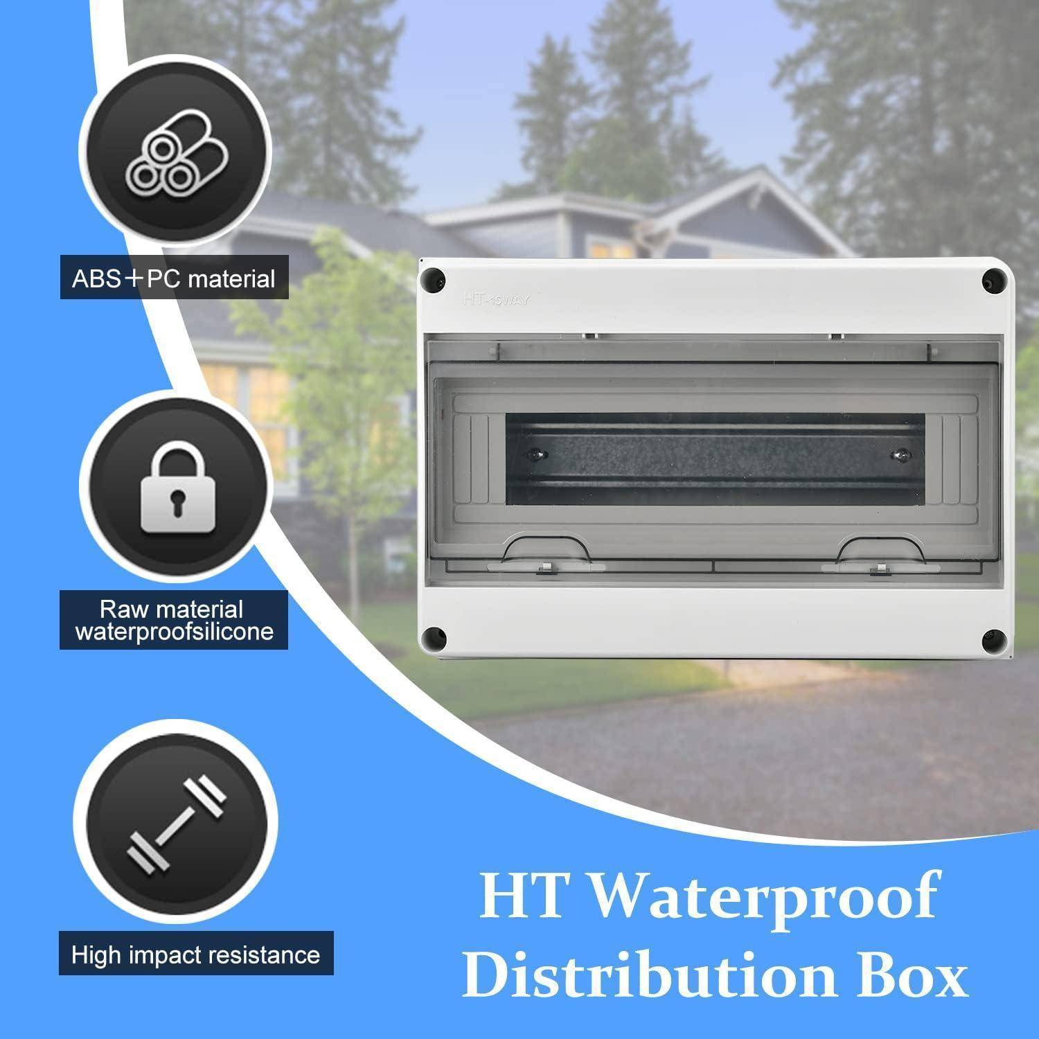 HT Wasserdichte Verteilerdose' Bild, das eine weiße Box mit einem transparenten Fenster zeigt. Symbole heben hervor, dass es sich um ein ABS+PC-Material handelt, das silikonwasserdicht und stoßfest ist.