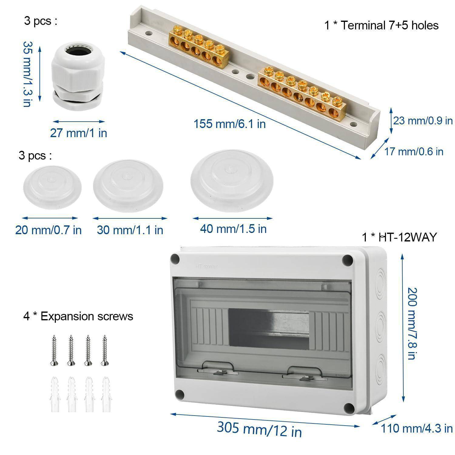 HT-12WAY Elektro-Verteilerdosenset mit Abmessungen: 305 mm breit, 110 mm tief, 200 mm hoch. Inklusive Klemmen, Schrauben und Anschlüssen.