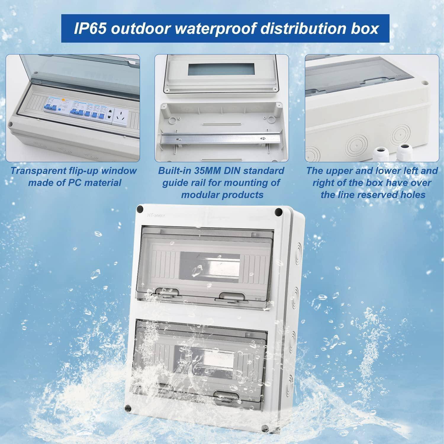 IP65 wasserdichte Verteilerdose mit transparentem Klappfenster, 35mm DIN-Schiene für Modulprodukte und vorgesehenen Kabellöchern.