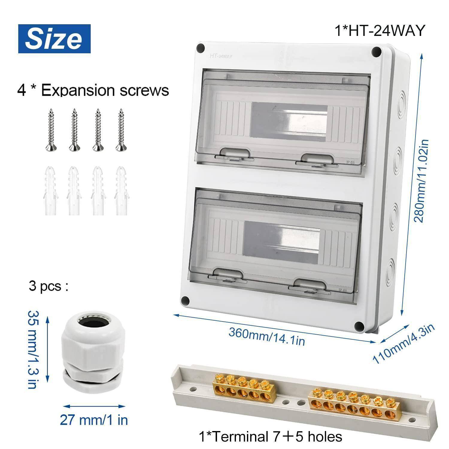 Eine weiße elektrische Verteilerdose mit zwei transparenten Abdeckungen, gekennzeichnet mit '1*HT-24WAY'. Enthält Schrauben, eine Kabelverschraubung und einen Klemmenblock. Abmessungen: 360x280x110mm.