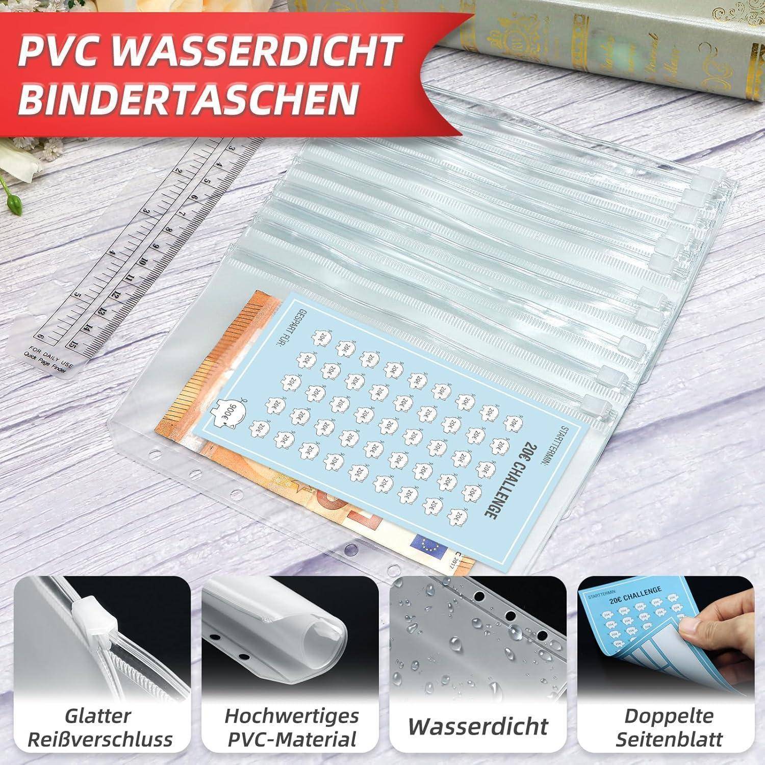 PVC Wasserdicht Sammelmappe' Text in roter Banderole; Bild zeigt transparente Sammelmappeneinlagen, Lineal und Herausforderungskarte und betont Haltbarkeit, Glätte und wasserdichte Eigenschaften.