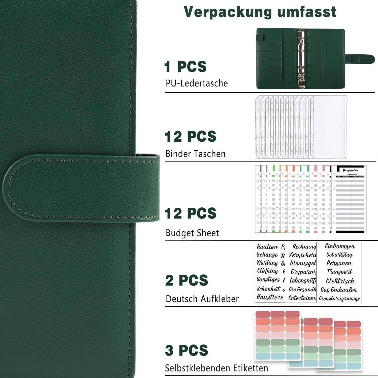 Grünes PU-Leder-Bindemittel-Set enthält: 1 Binder, 12 Bindemittel-Taschen, 12 Budgetblätter, 2 Sätze deutsche Etiketten, 3 farbige Etikettenblätter.
