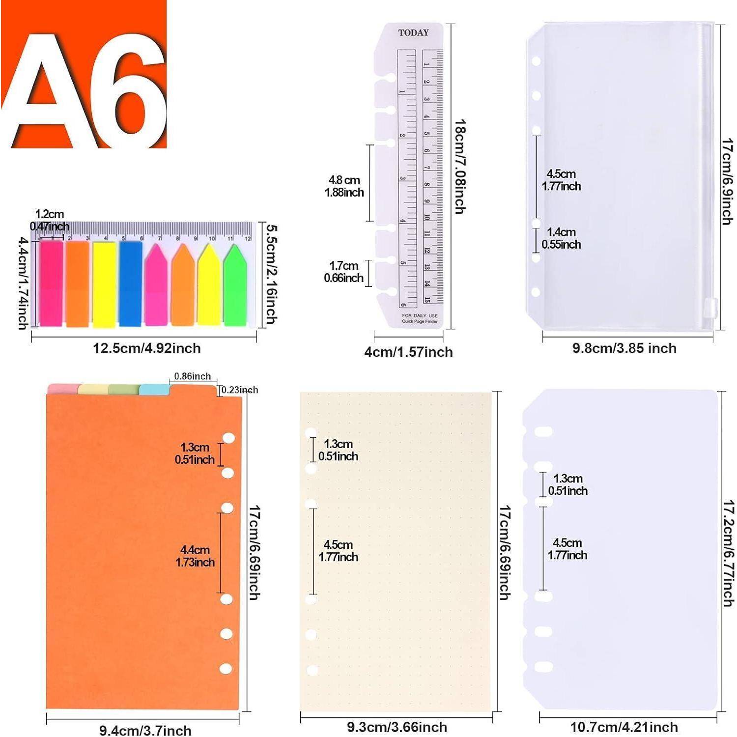 Bunte A6-Registerblätter mit Registerkarten und verschiedenen Designs, mit Abmessungen und Linealmaßen.