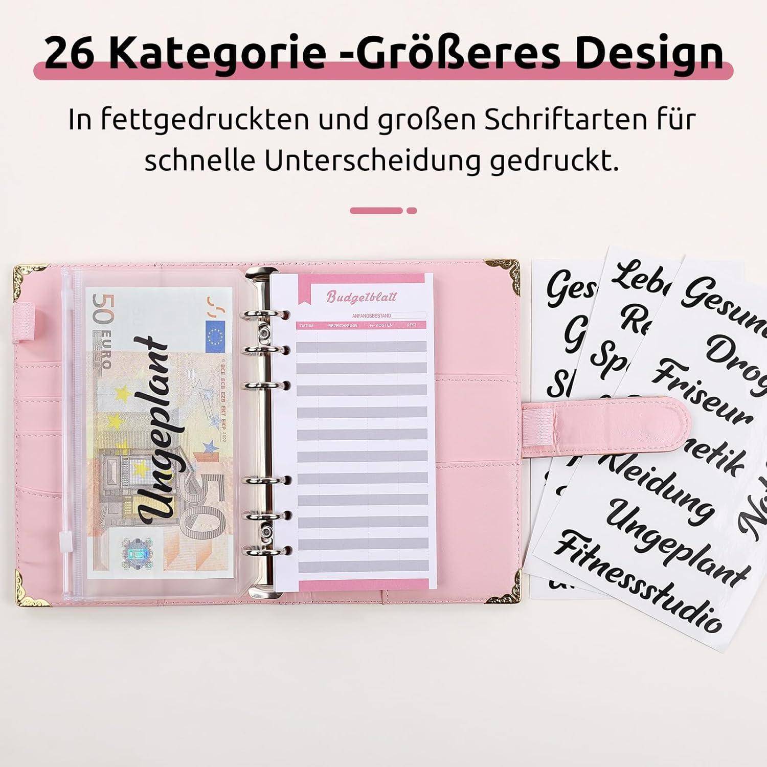 Budget Planner A6 in Rosa, Geldplaner mit Geldumschlägen