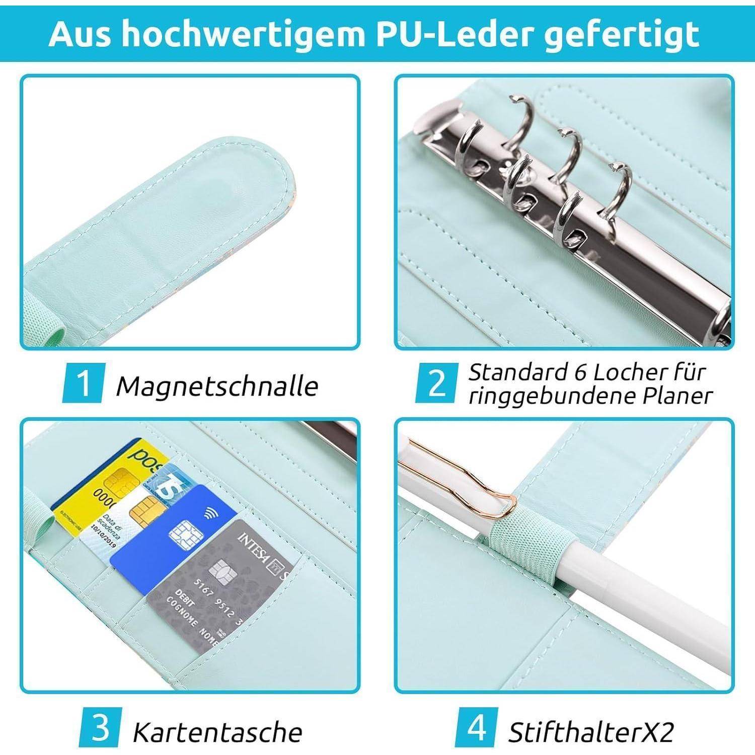 Ein Werbefoto eines mintgrünen Ordners mit Text auf Deutsch. Funktionen umfassen einen Magnetverschluss, einen Standard-6-Ring-Mechanismus, eine Kartentasche und zwei Halterungen für Stifte, alle mit ihren Funktionen beschriftet.