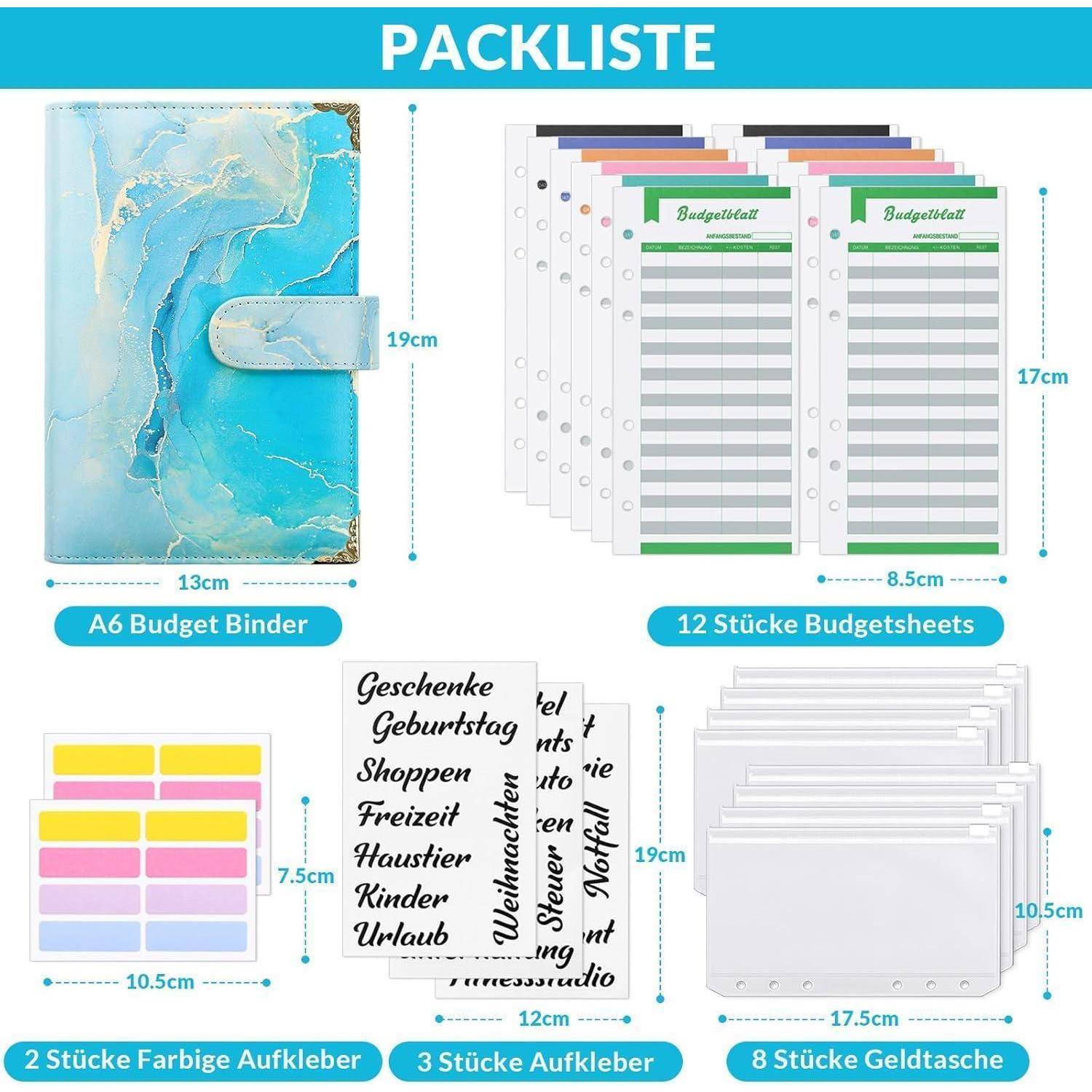 Budgeting-Set mit einer A6-Mappe (19 cm), 12 Budgetblättern (17x8,5 cm), 3 Stickerbögen (12x17 cm), 8 Bargeld-Umschlägen (17x8 cm) und 2 Etikettenbogen (7x10,5 cm).