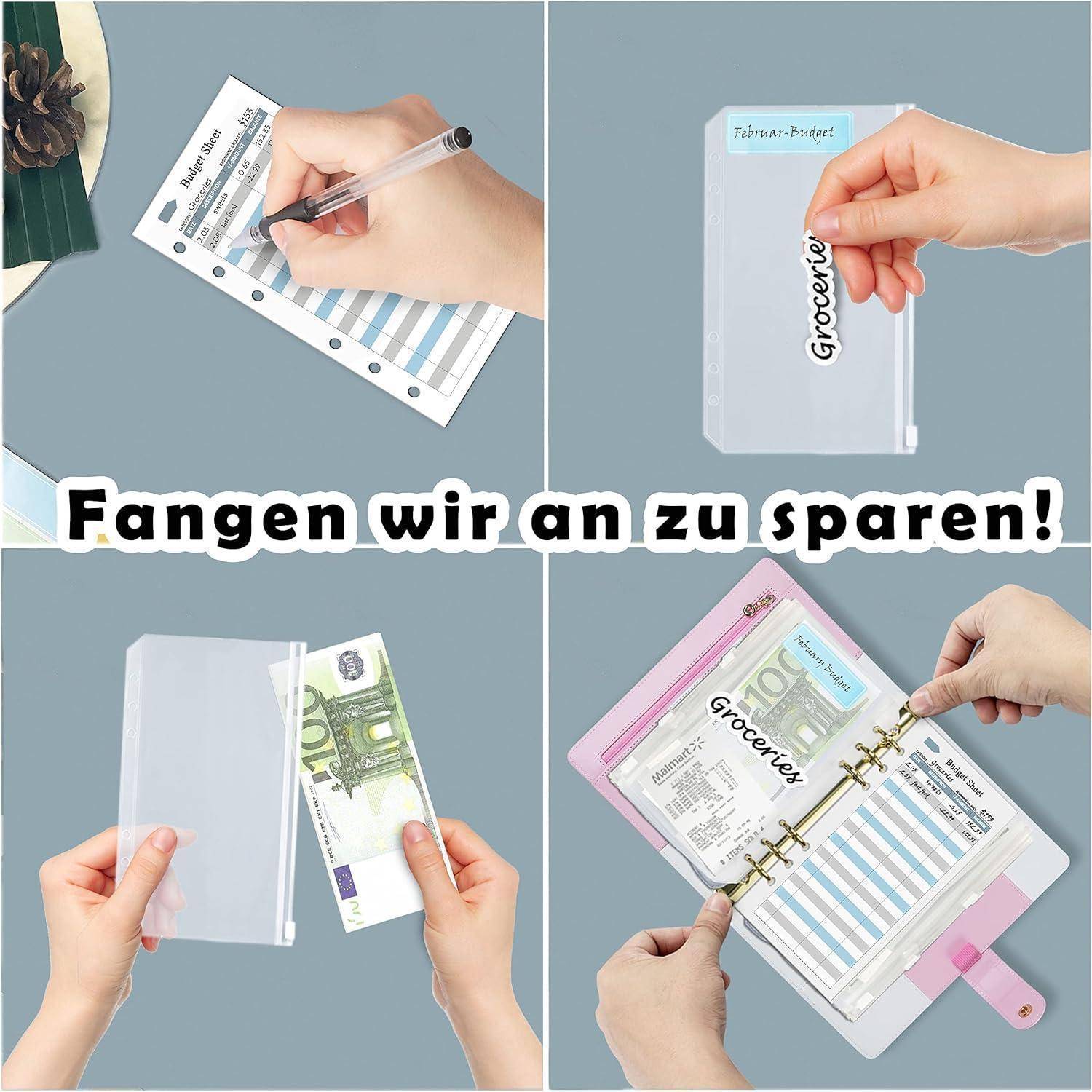 Vier Bilder zeigen eine Person, die einen Planer mit beschrifteten Fächern organisiert und Geld hineinsteckt. Text lautet: 'Lasst uns mit dem Sparen beginnen!