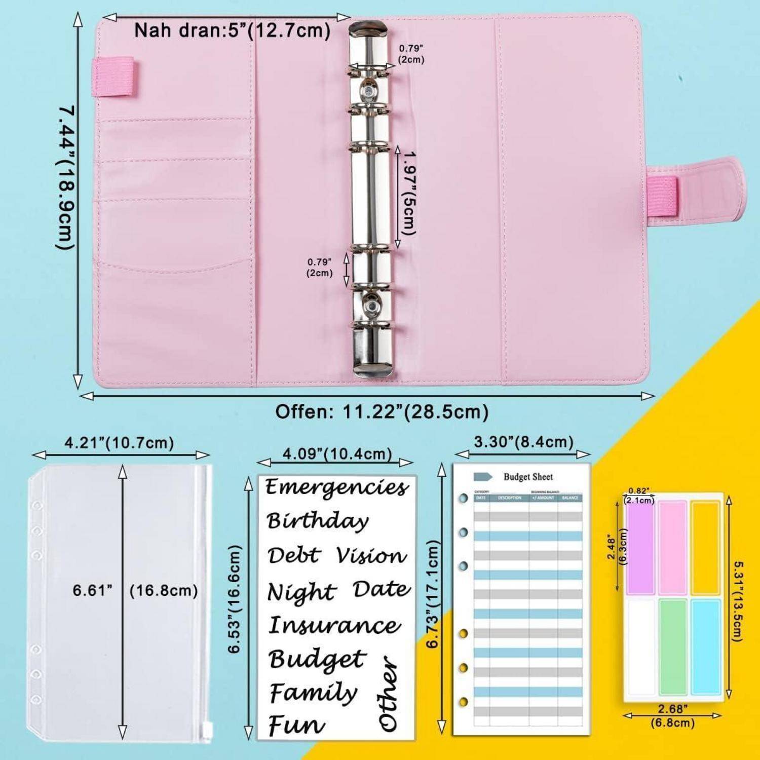 Ein rosa Ringbuchplaner mit Ringmechanik, Taschen und einem Klettverschluss; enthält Budgetblätter und bunte Registersticker. Abmessungen in Zoll angegeben.