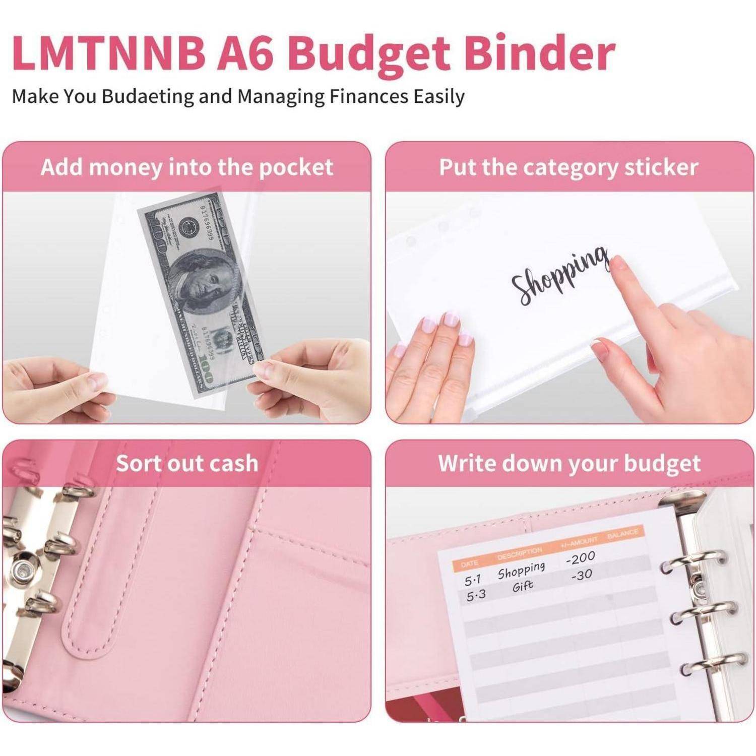 LMTNNB A6 Budget Binder' zeigt Schritte zur Budgetierung: Geld in Fächer einzahlen, mit Stickern kategorisieren, Bargeld organisieren und Budget erfassen.
