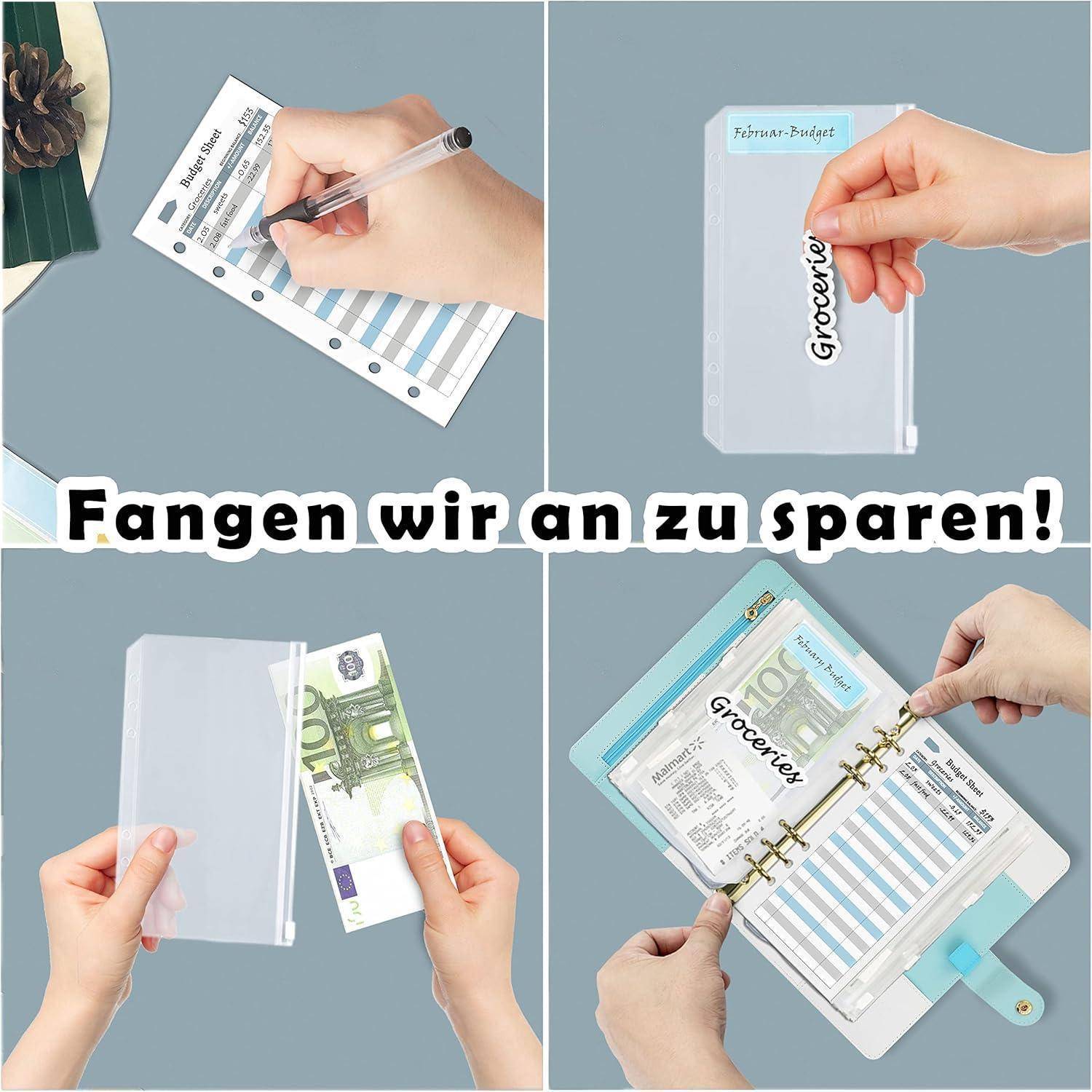 Eine Person ordnet Geld und Haushaltsblätter in einem Planer an, mit dem Text 'Fangen wir an zu sparen!