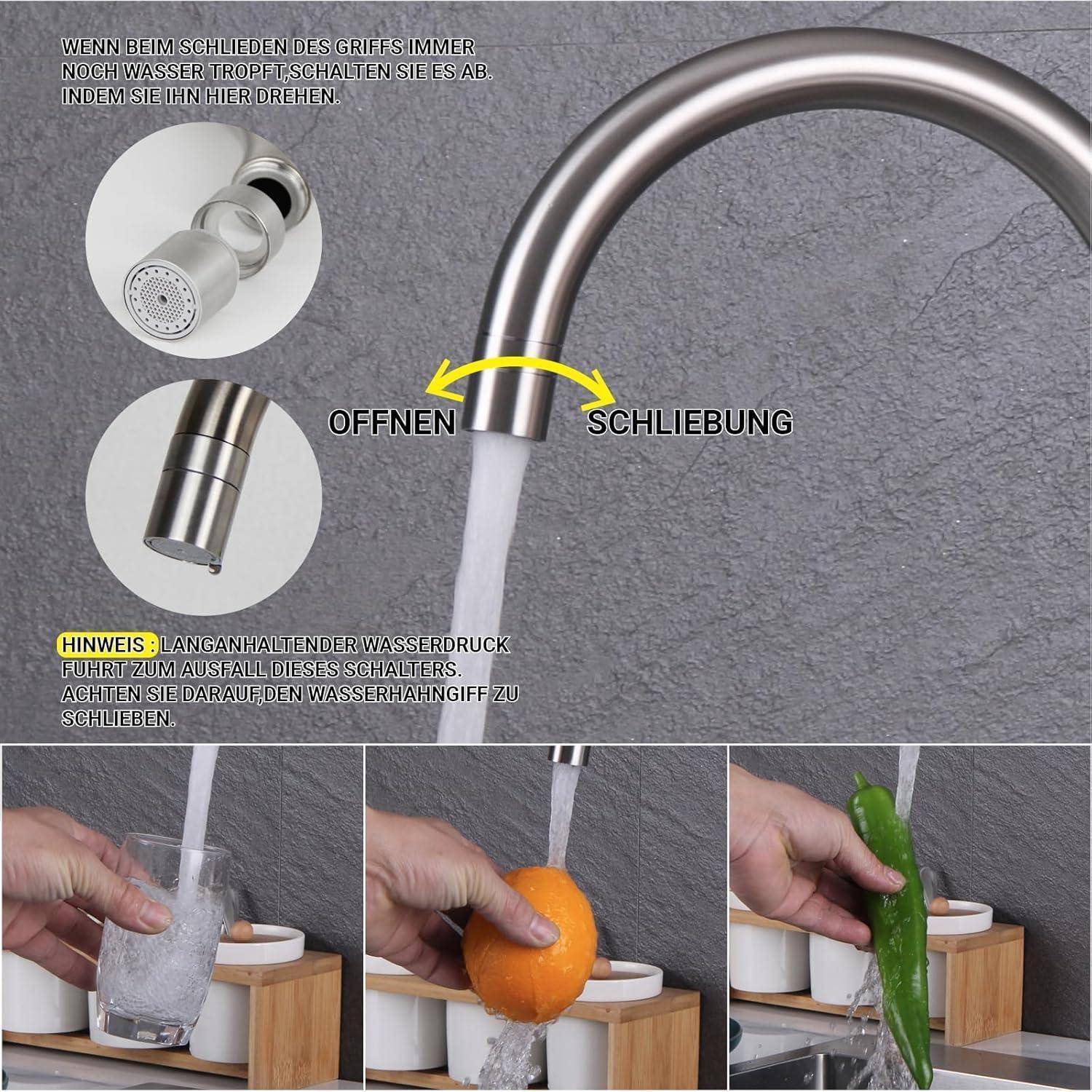 Ein Wasserhahn aus Edelstahl gießt Wasser über eine Orange, eine Gurke und ein leeres Glas. Anleitungen und Diagramme erklären die Bedienung des Wasserhahns und die Einstellung des Wasserdrucks.